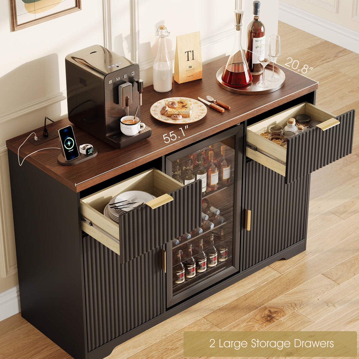 Alohappy 55" Coffee Bar Cabinet with Charging Station & Fridge Space