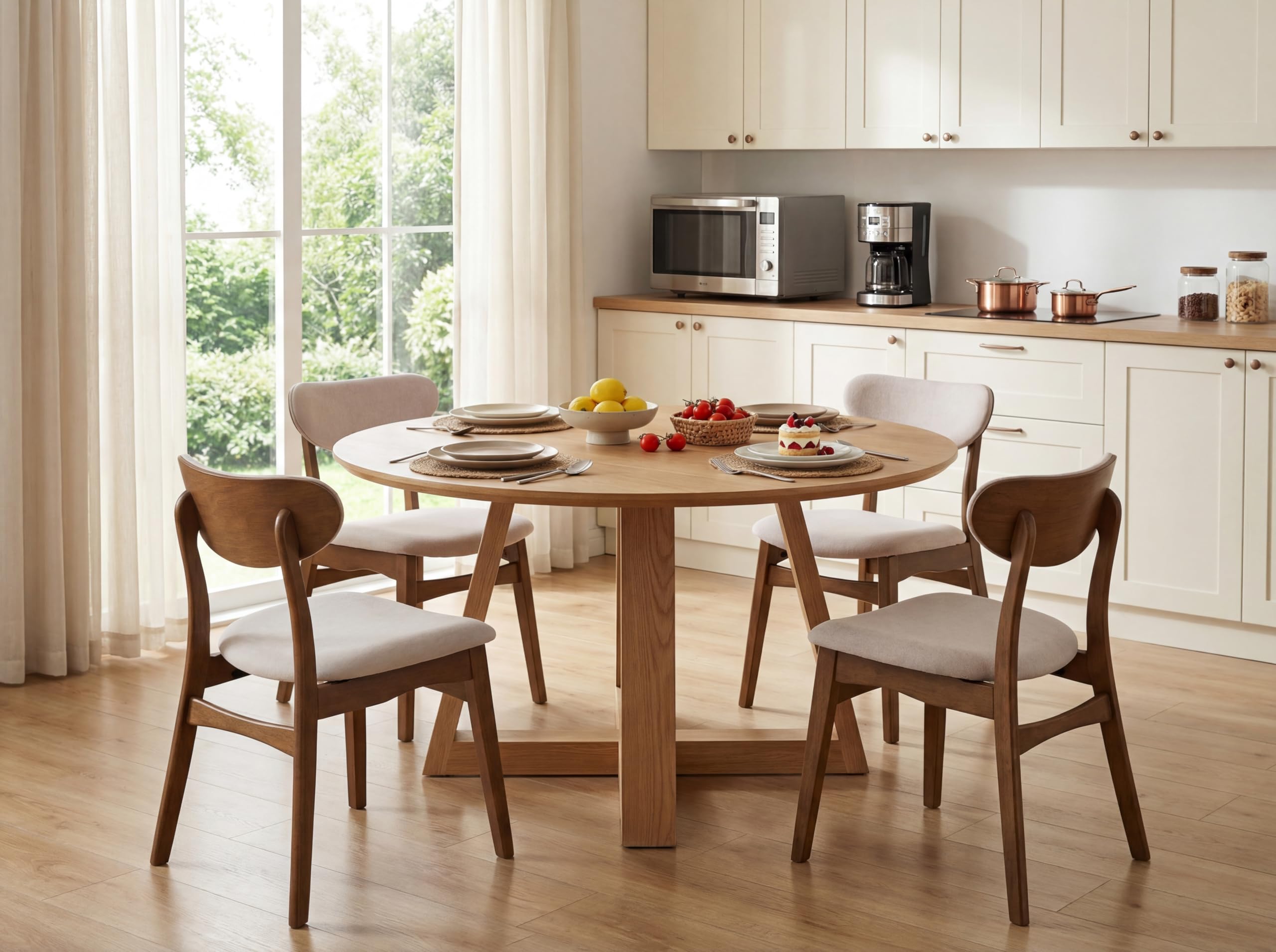 Upholstered Dining Chairs Set of 4, Mid-Century Modern, Beige & Walnut