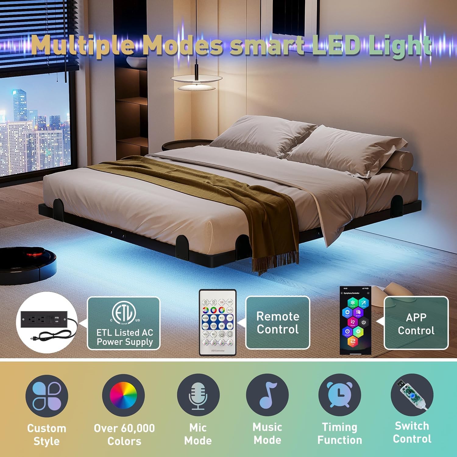 qimamo Floating Queen Bed Frame, 14 Inch Metal Platform Bed with Smart LED Lights & Charging Station, Easy Assembly, No Box Spring Needed