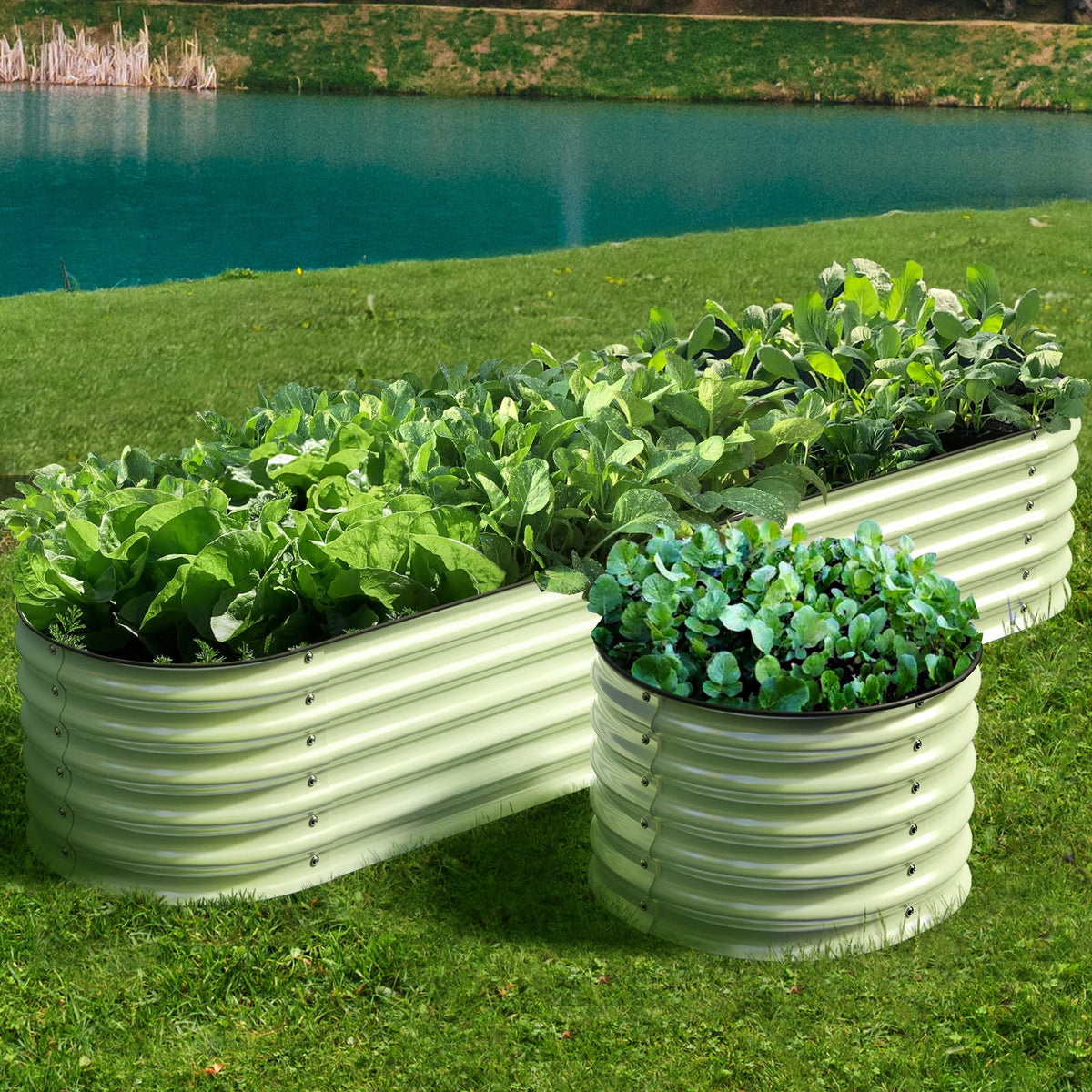 Olle 4-Style Modular Galvanized Raised Garden Beds Outdoor Easy Quick Setup, 17" Tall, 4-in-1 Metal Planter Boxes Outdoor for Flowers Vegetables Fruits Herbs DIY Gardening, Sage Green