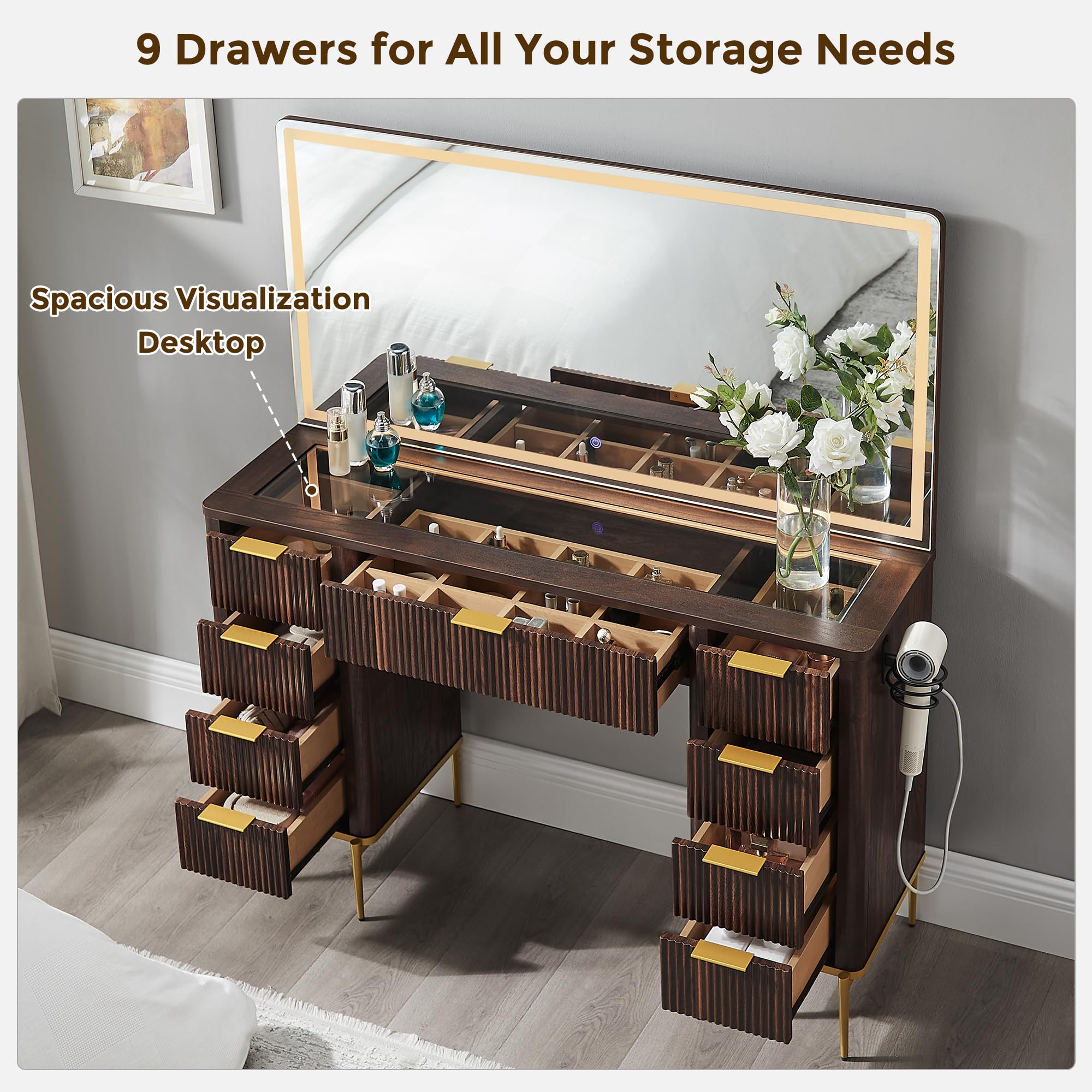 T4TREAM 48" Fluted Makeup Vanity Desk with 48" Large Mirror and HD Lights, Modern Vanity Table with 9 Drawers & Charging Station, Glass Top and Golden Handles Dressing Table for Bedroom,Dark Walnut