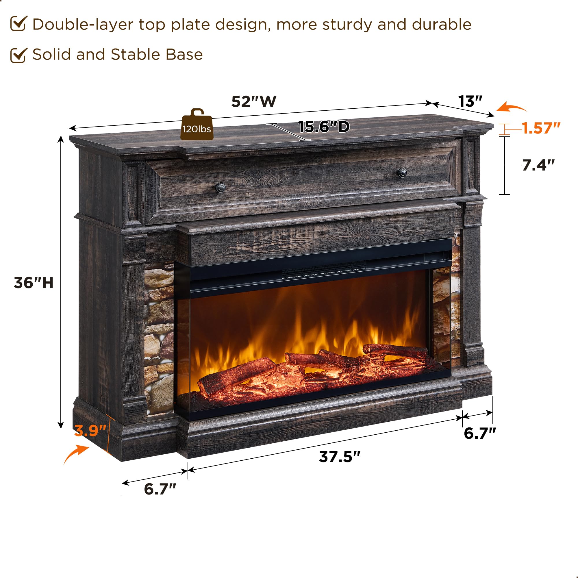 RedLemon Electric Fireplace with Mantel, 3-Sided Glass Farmhouse TV Stand with Fireplace for TVs up to 65", 52" Media Entertainment Center Console with Storage for Living Room, Dark Rustic Oak