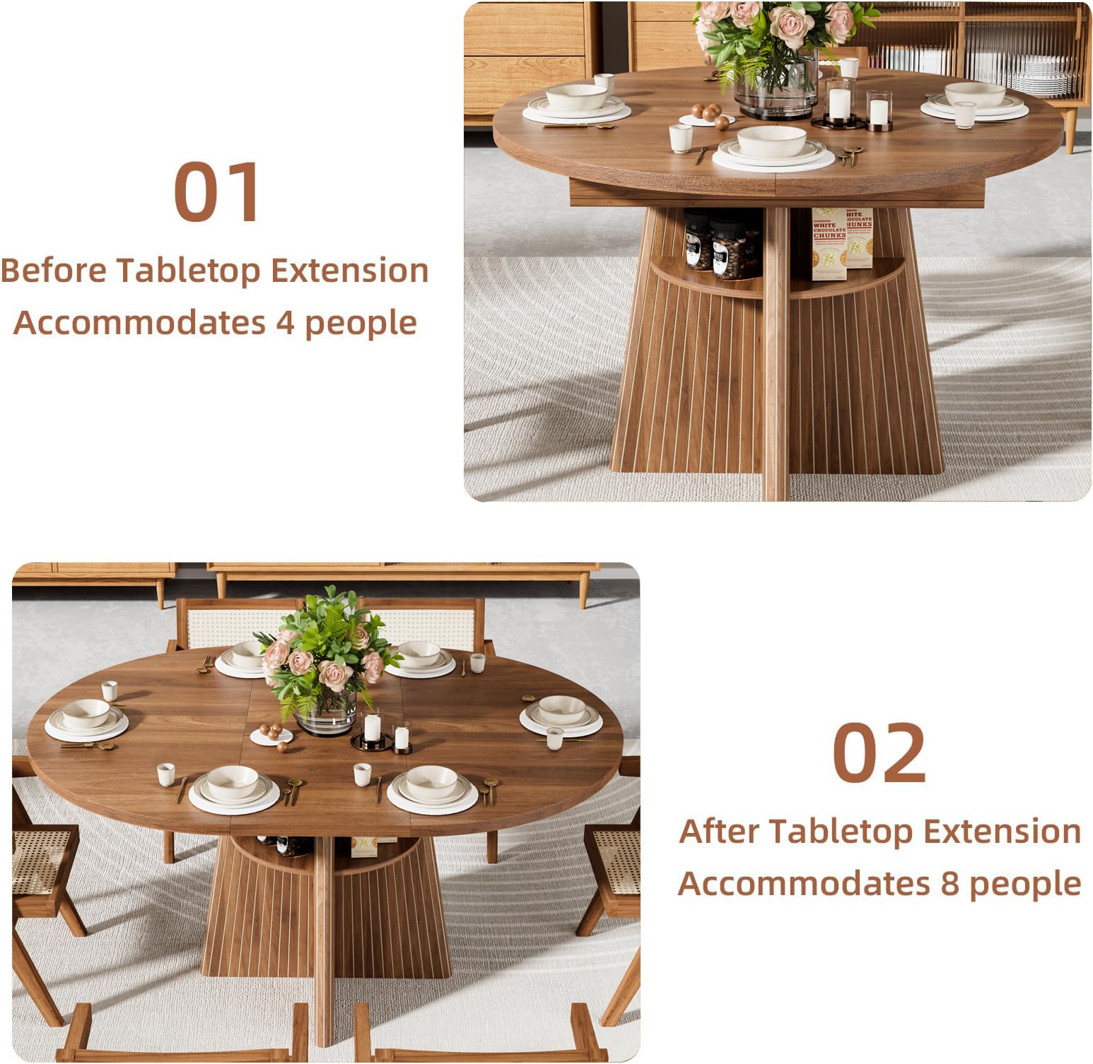 43.3in-59in Extendable Dining Room Table for 4-8, Round Expandable Kitchen Table with Fluted Base, Modern Oval Dinner Tables with 4 Storage Shelves for Kitchen Living Room (Walnut, 43.3in)