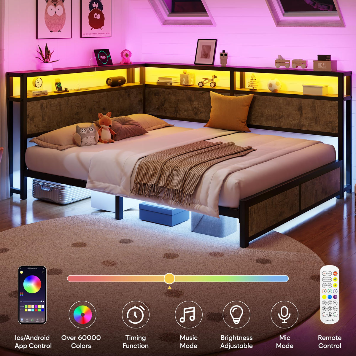 CIKUNASI Queen Corner Bed Frame with Storage Headboard, Metal Platform Bed Frame with LED Light and Charging Station, Queen Daybed for Living Room, Bedroom & Guest Room