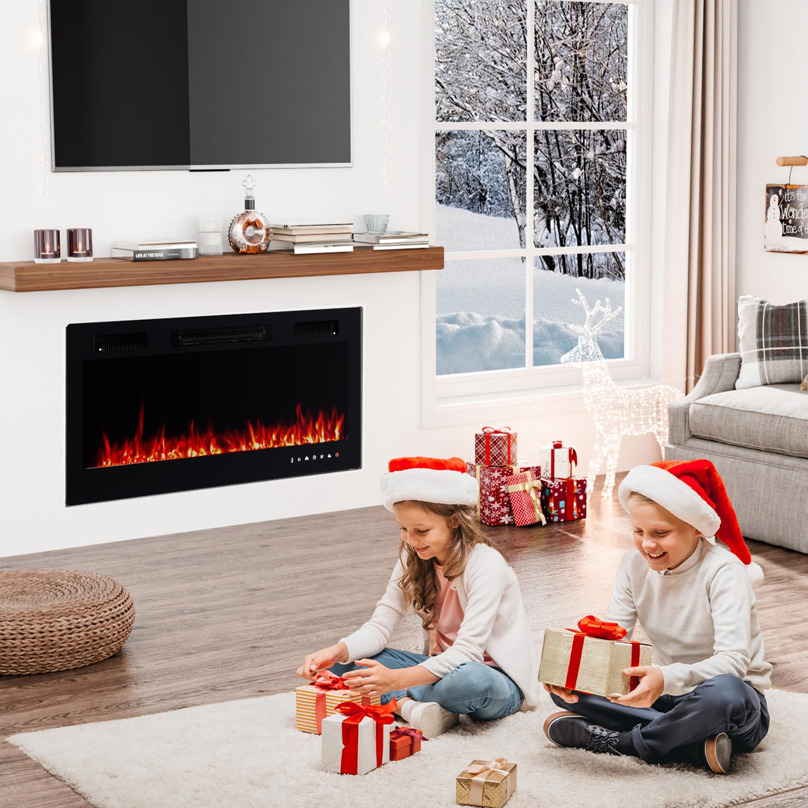 ROVSUN 36'' Electric Fireplace, 2-in-1 Ultra-Thin Wall Mounted & Recessed Fireplace with Remote & APP Control, 1500W Wall Heater w/ 12 Flame Color, 5 Brightness, Timer, Crystal Set