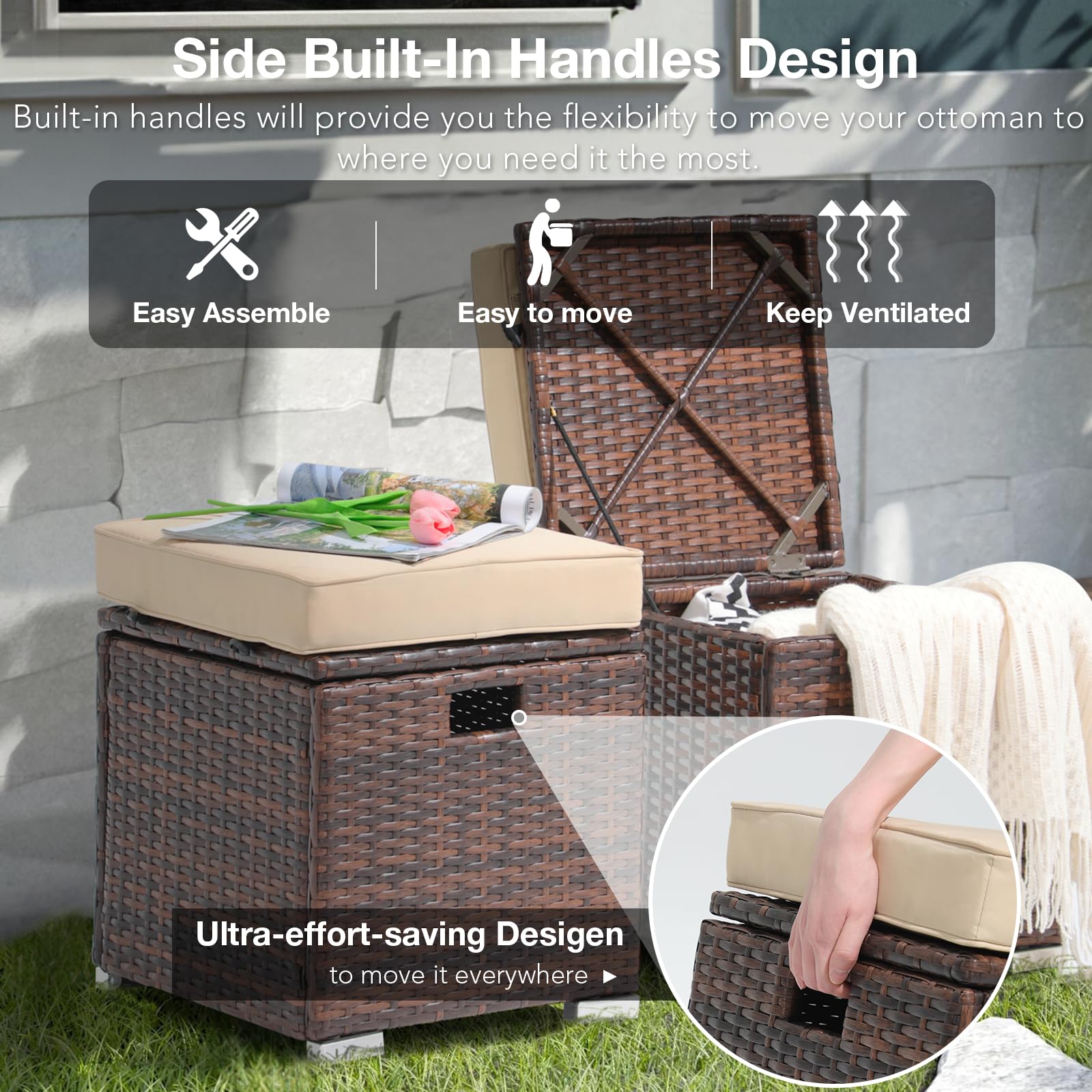 Outdoor Rattan Storage Ottoman Set of 2