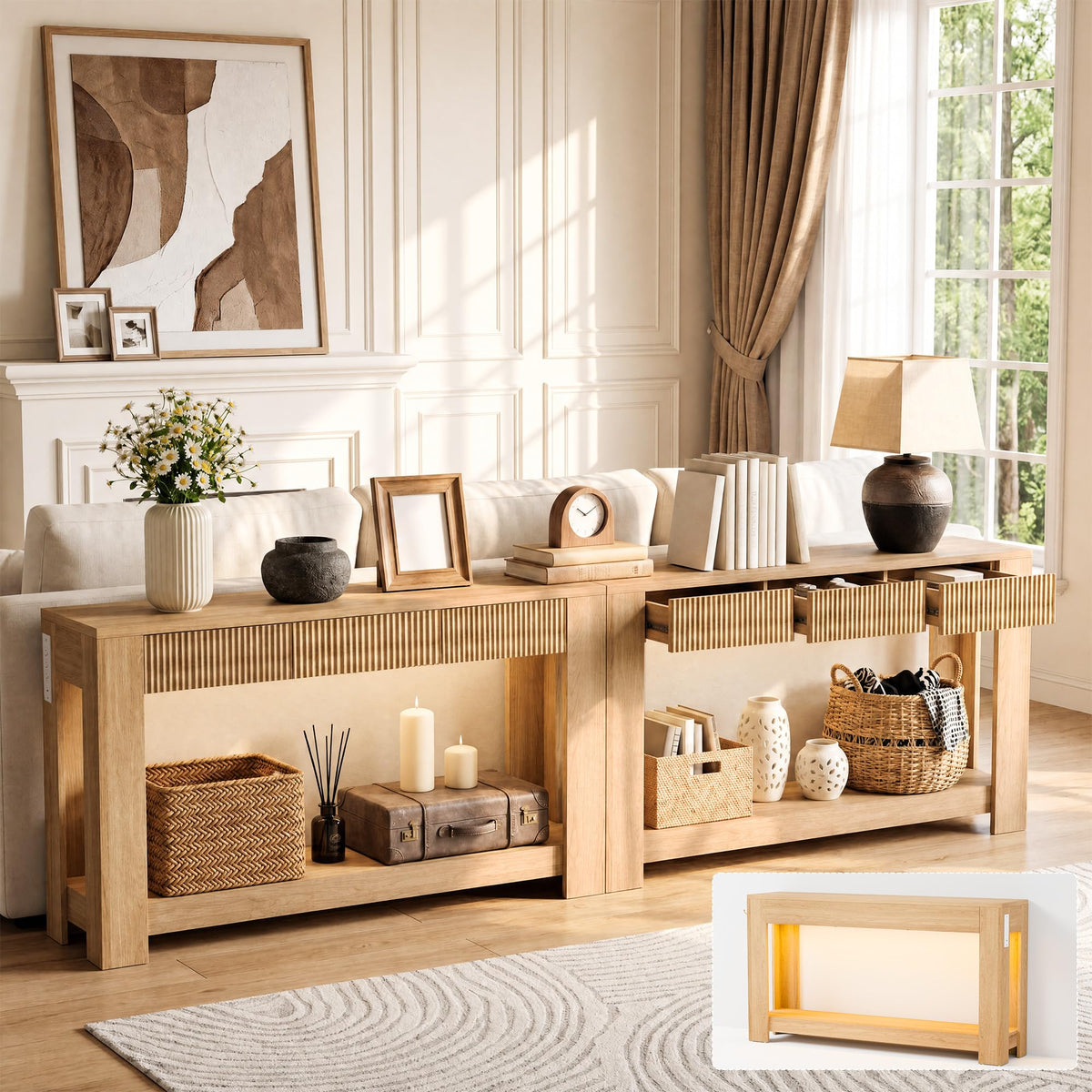 Cibert 63" Fluted Console Table with Drawers, Narrow Sofa Table