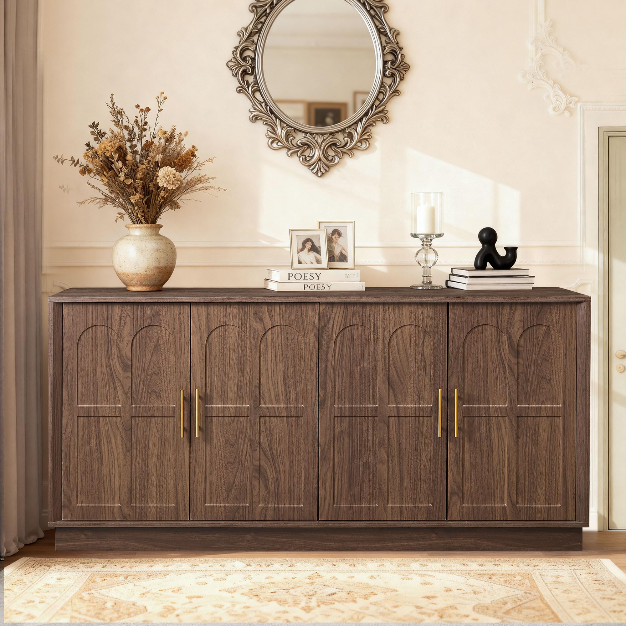SZTHHDF 66.5" Sideboard Buffet Cabinet with Storage, Modern Credenza with Arched Doors, Large Wood Accent Cabinet for Living Room Entryway (Walnut)