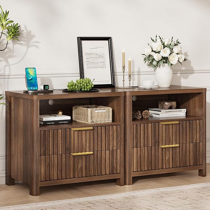 Fluted Nightstand with Charging Station & 2 Drawers