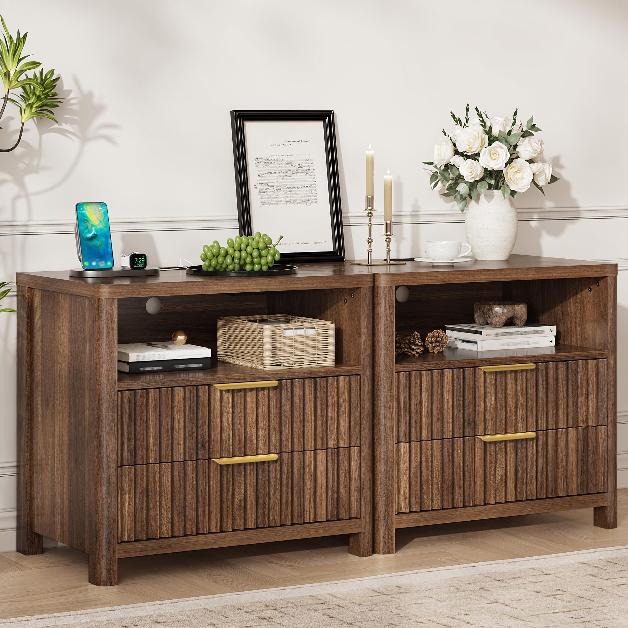 Fluted Nightstand with Charging Station & 2 Drawers