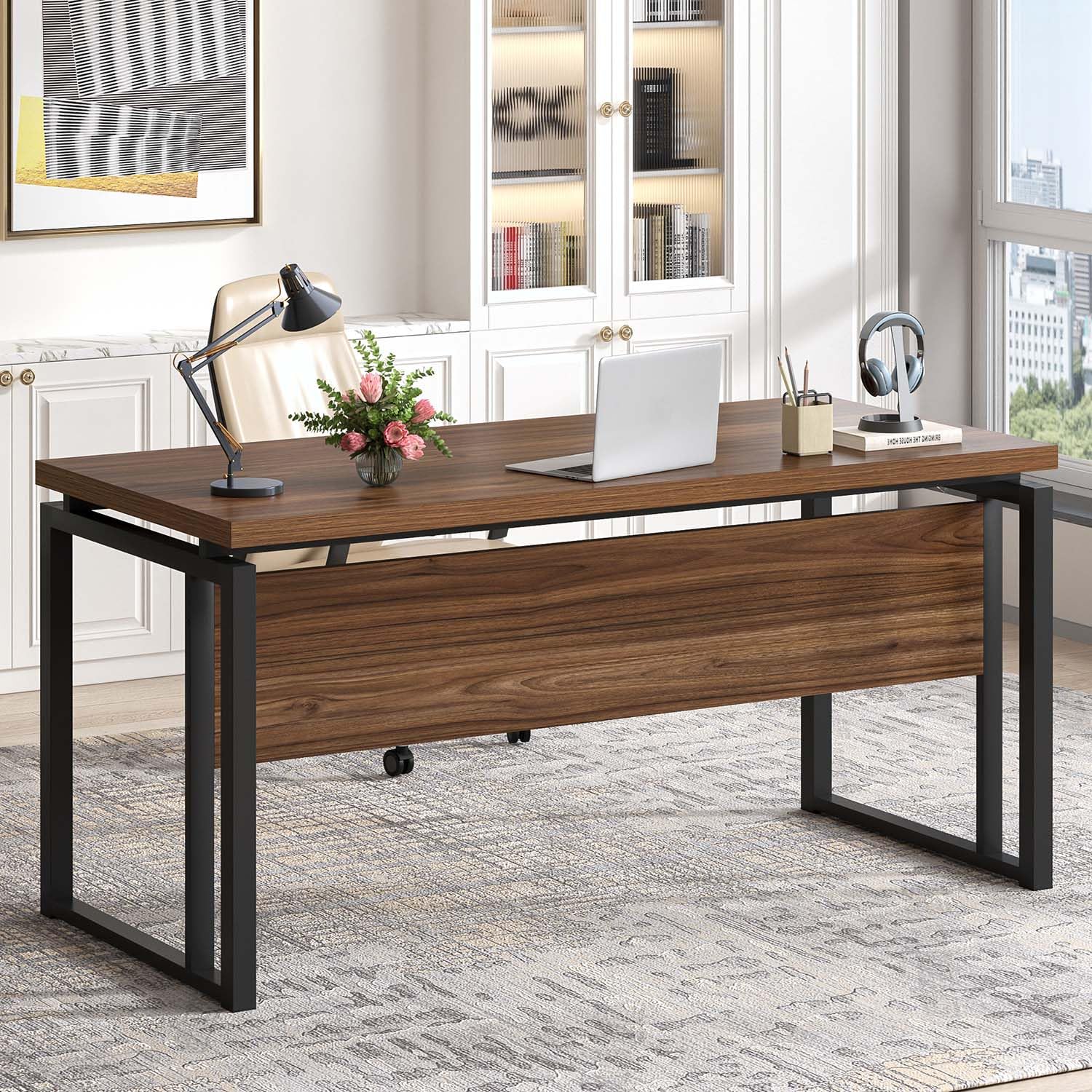 EXCEFUR Home Office Desk, Modern Computer Desk for Workstation, Wood Metal Executive PC Laptop Study Writing Table for Living Room, 53 Inch, Rustic Walnut