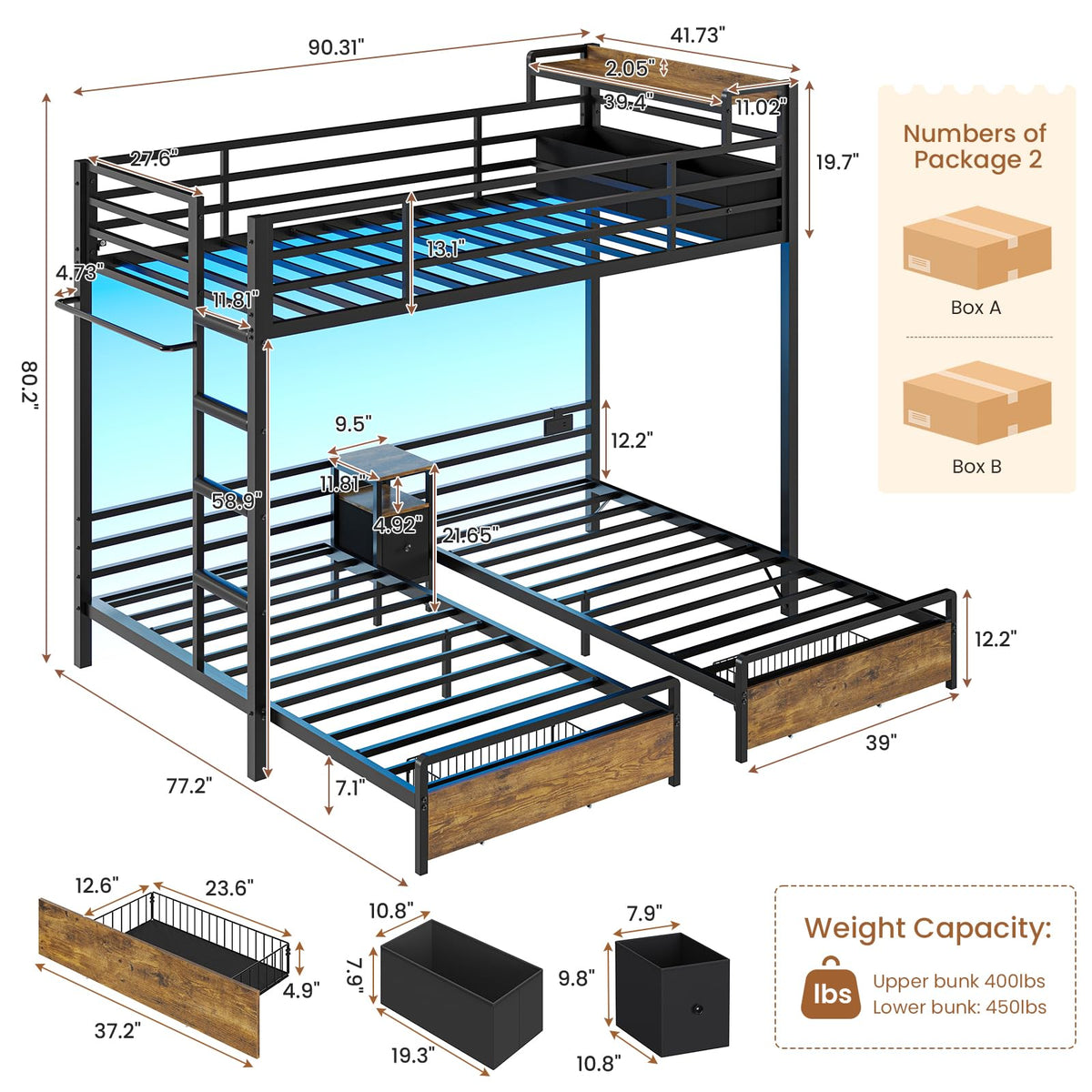 Triple Bunk Bed with Storage Drawers and Charging Station