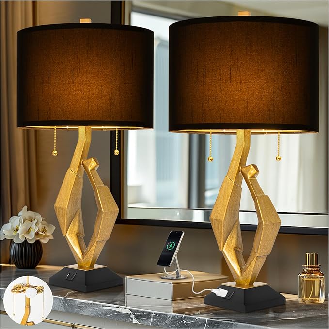 Sculptural Table Lamp Set of 2 with USB Ports & Marble Base