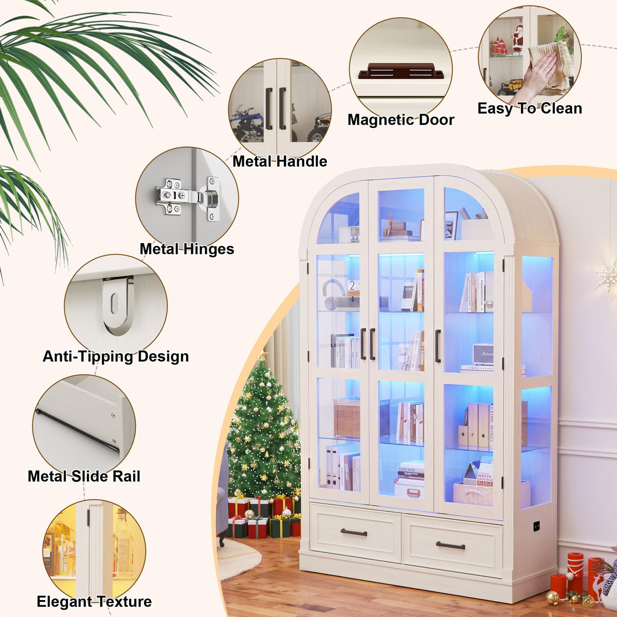 74" Arched Display Cabinet with Glass Doors and Drawers,Motion Sensor 3-Color Lights,Glass Curio Cabinet,5-Tier Showcase for Collectibles,Action Figures,Living Room,Trophy,Books(Antique White)
