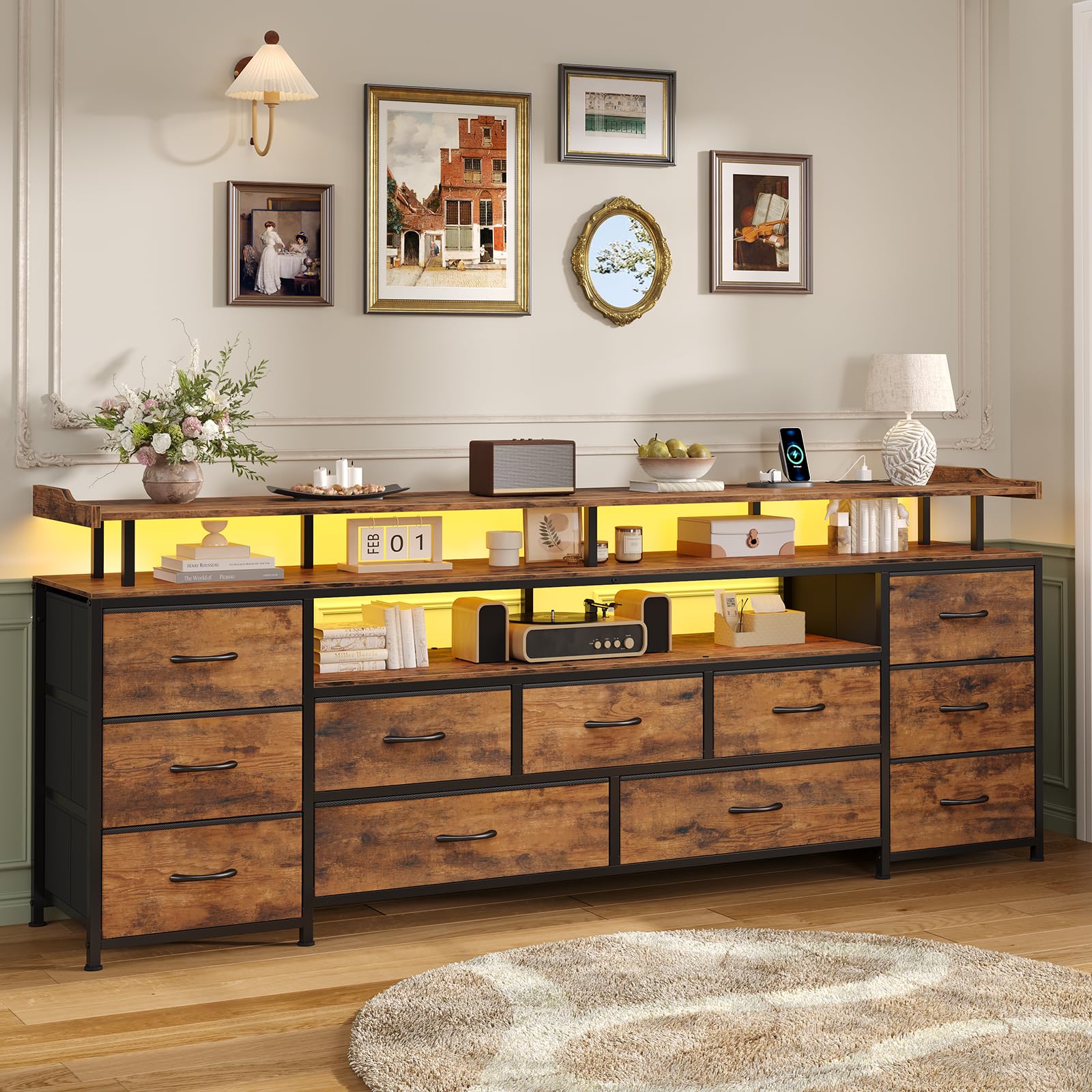 ADORNEVE TV Stand for 65 Inch TV, 63" W Large Entertainment Center with LED Lights & Charging Station, Long Dresser with 11 Fabric Drawers & Open Shelves for Bedroom,Living Room,Rustic Brown