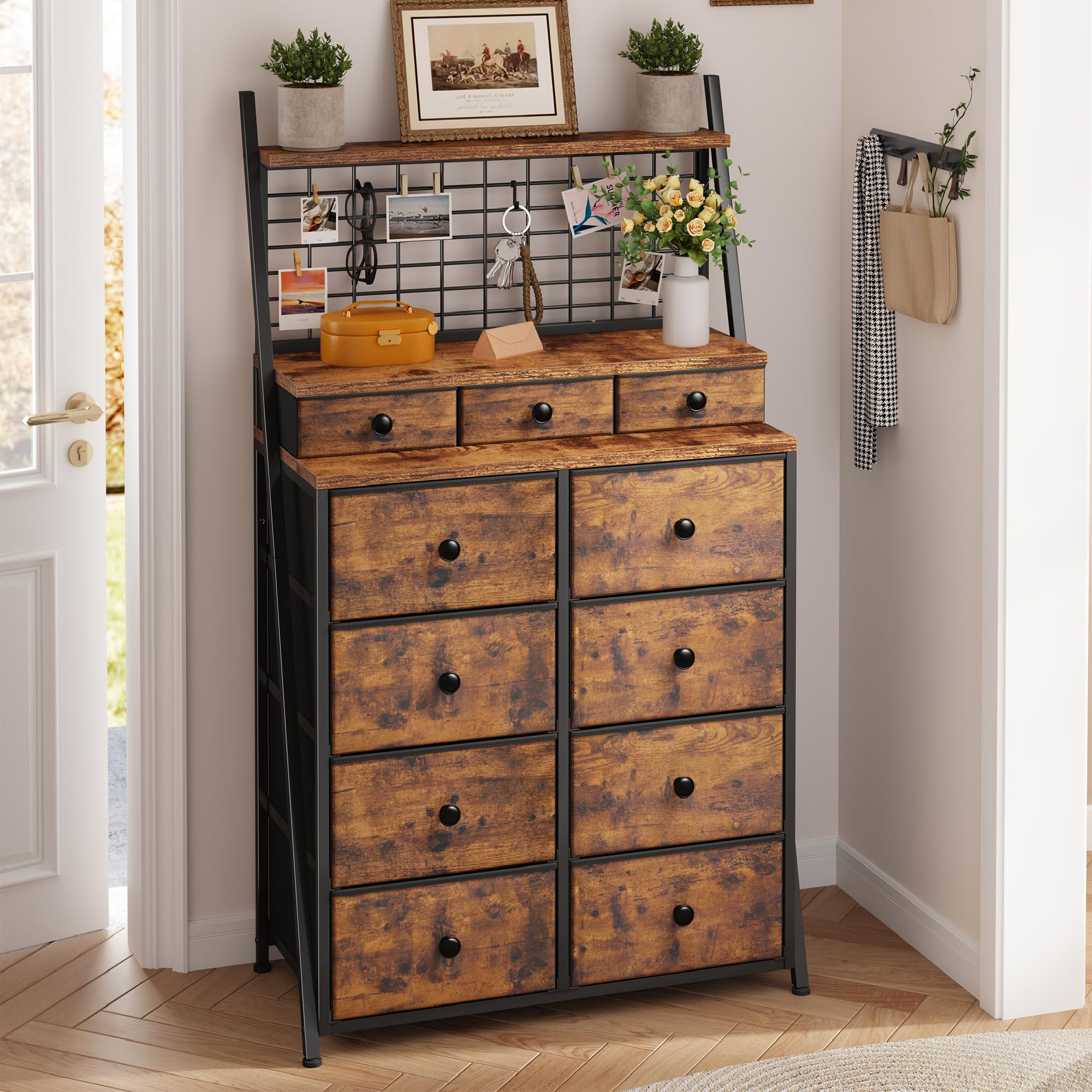 EnHomee 51" H Dressers & Chest of Drawers with 11 Drawers & LED Light, Bedroom Dresser with Wire Grid Panels & Open Shelves for Entryway, Dorm, Rustic Brown, 11.8" D x 33.9" W x 51.2" H