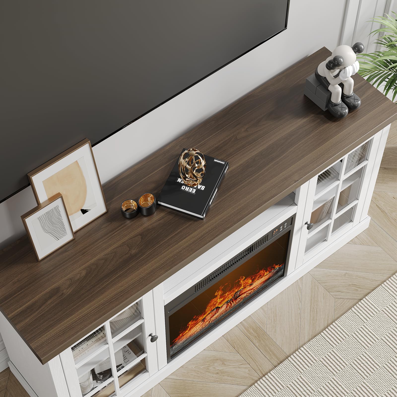 59" Fireplace TV Stand with Electric Fireplace & Glass Doors