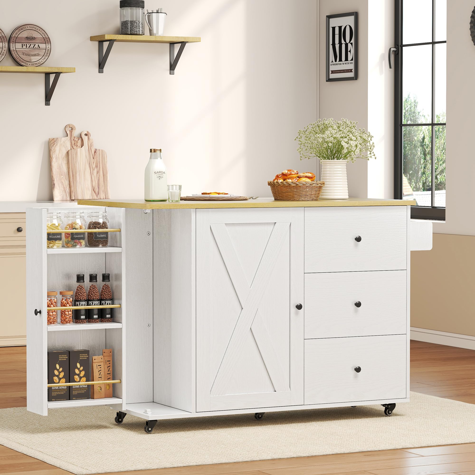 Rolling Kitchen Island with Drop Leaf & Storage