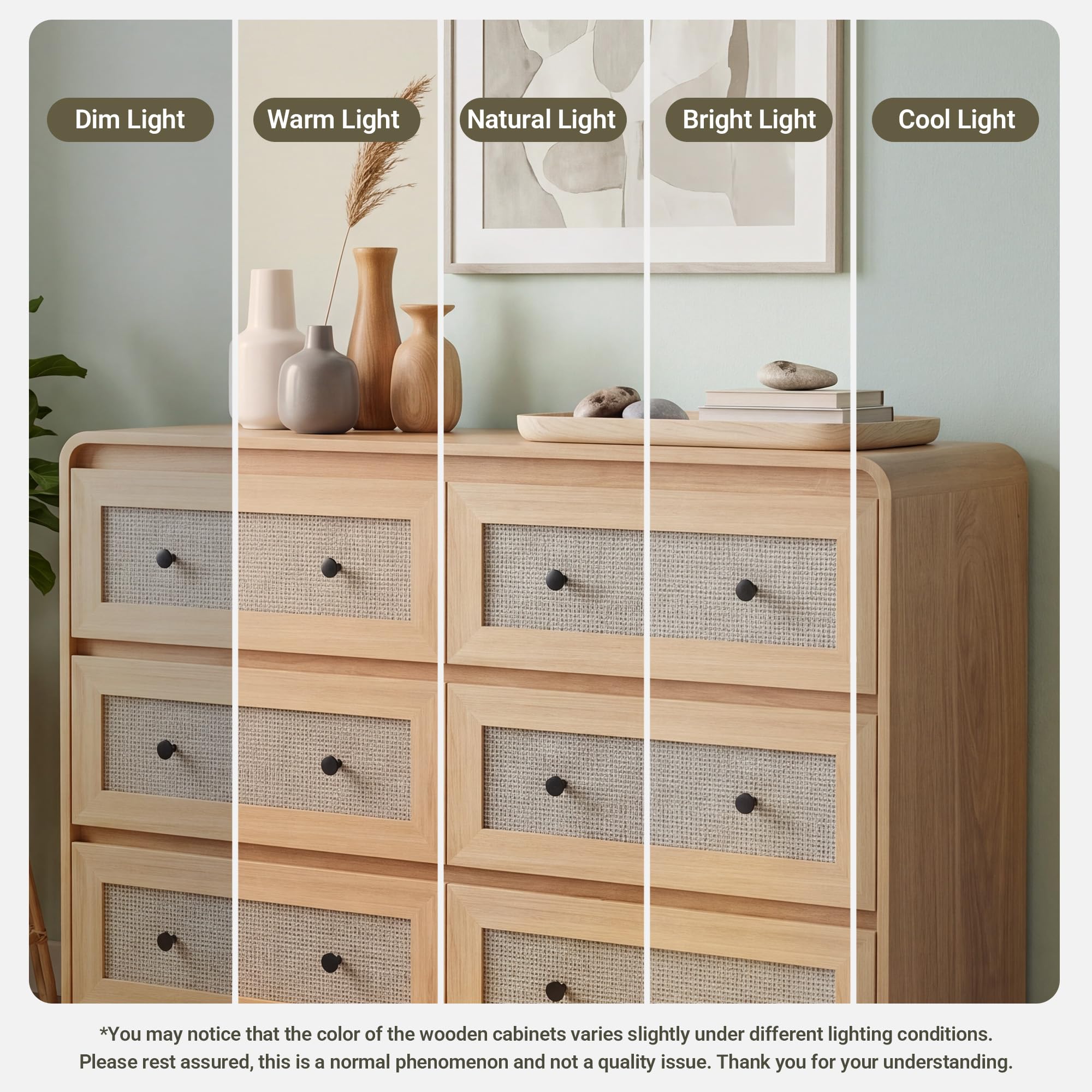Seang Rattan 6 Drawer Dresser for Bedroom,47" Boho Chest of Drawers with Curved Profile Design,Wooden Dresser with Storage for Bedroom,Living Room,Natural