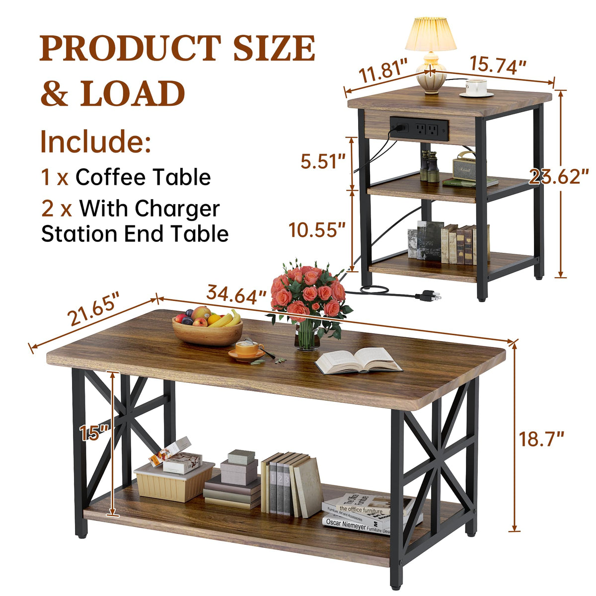 AWQM 3 Piece Coffee Table Set,End Table with Charging Station(Walnut)