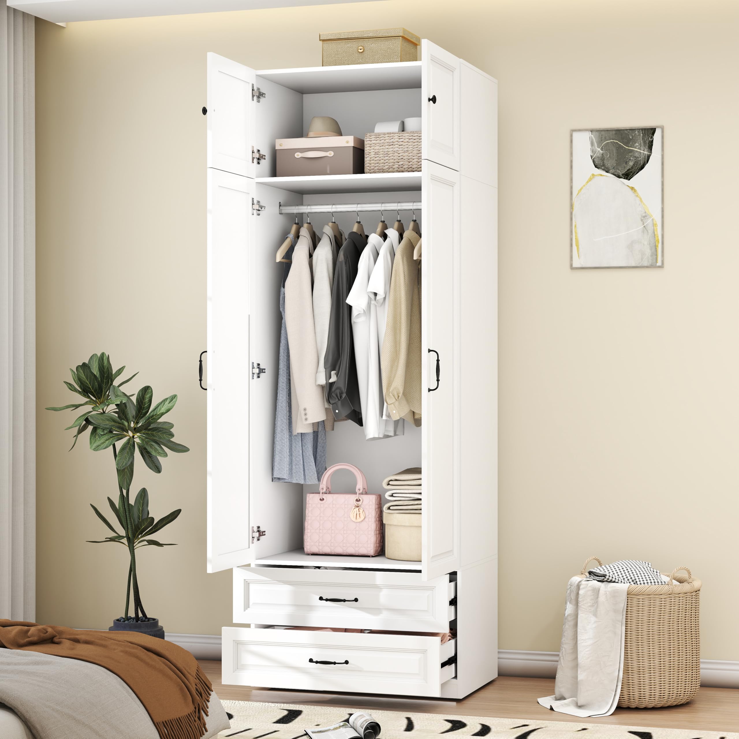 LABROSKIA Armoire Wardrobe Closet with Doors: 89" Extra Tall White Wardrobe with Storage on Top, Bedroom Armoires with 2 Doors and 2 Drawers, Large Wood Closet Armoire for Hanging Clothes