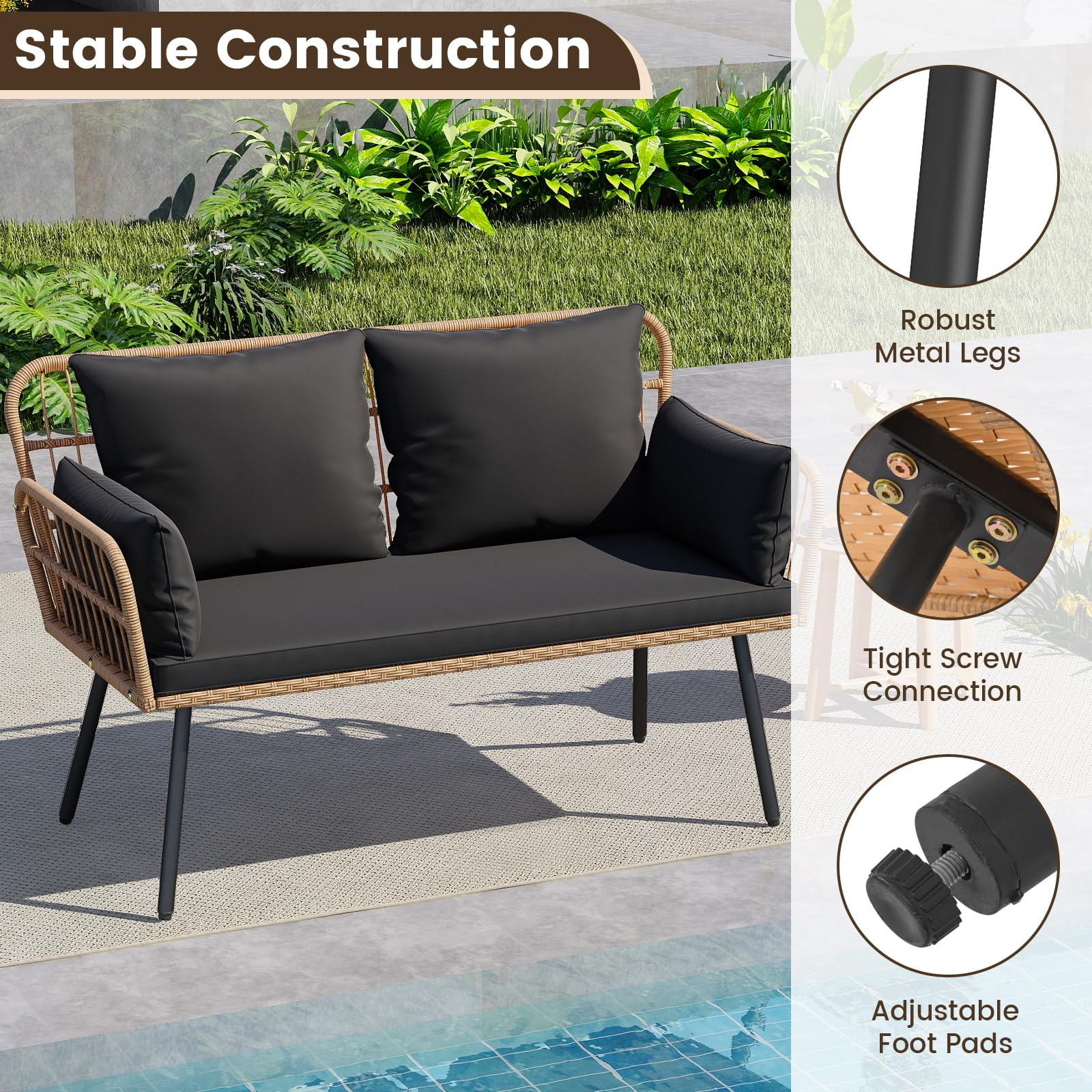 Outdoor PE Rattan Loveseat Sofa with Cushions