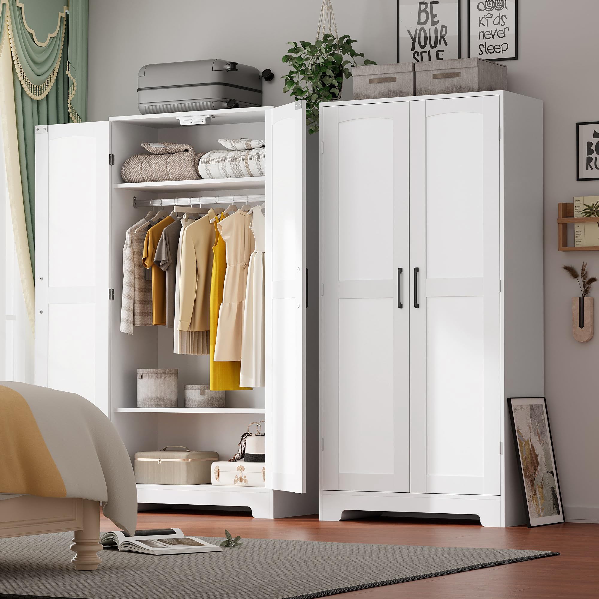Wooden Armoire Wardrobe Closet, Wardrobe Cabinet with Door and Shelves, Freestanding Bedroom Armoires Clothing Storage Cabinet with Hanging Rod for Bedroom, Laundry Room, Cloak Room（White）