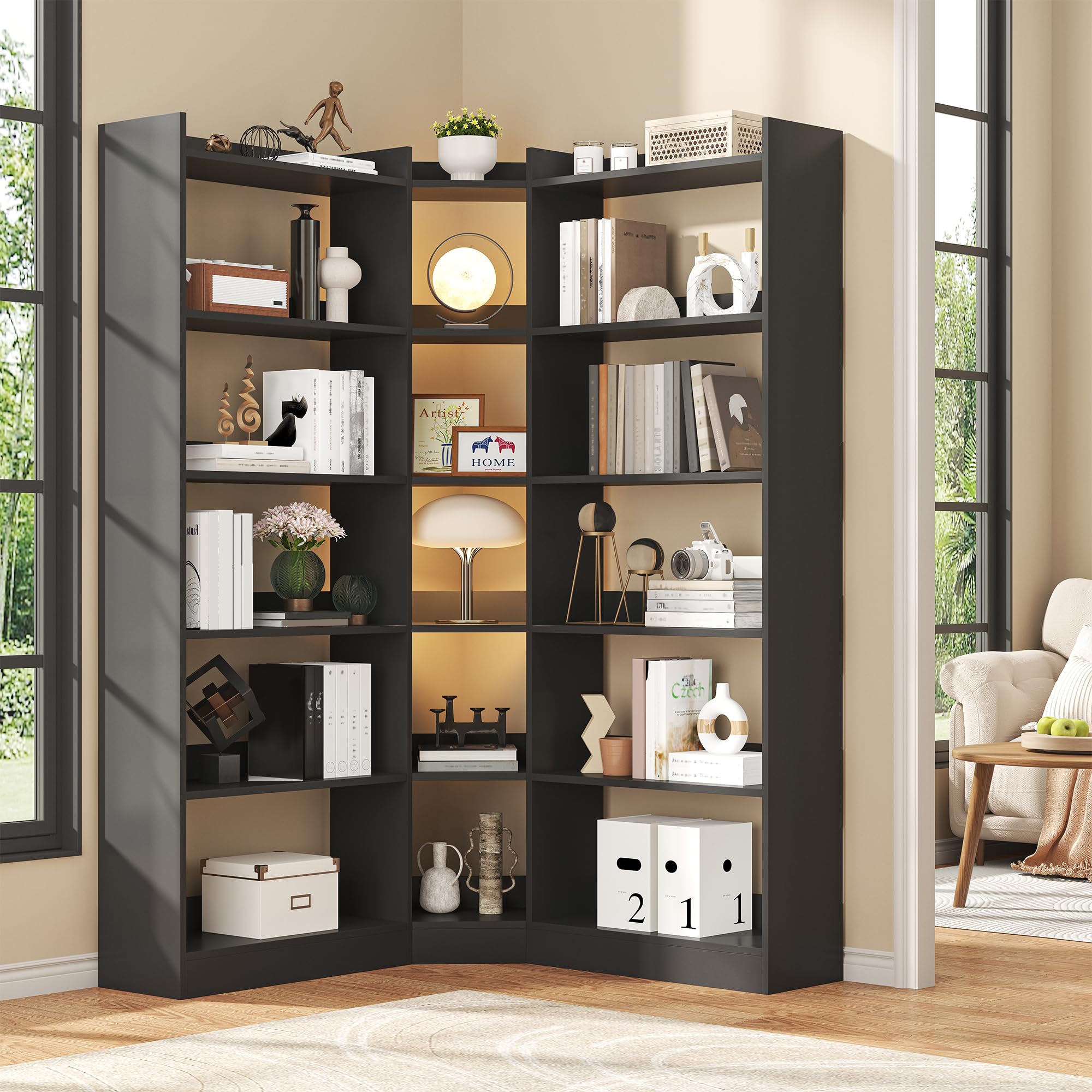 7-Tier L-Shaped Corner Bookshelf with Anti-Fall Baffles – 63.1" Tall