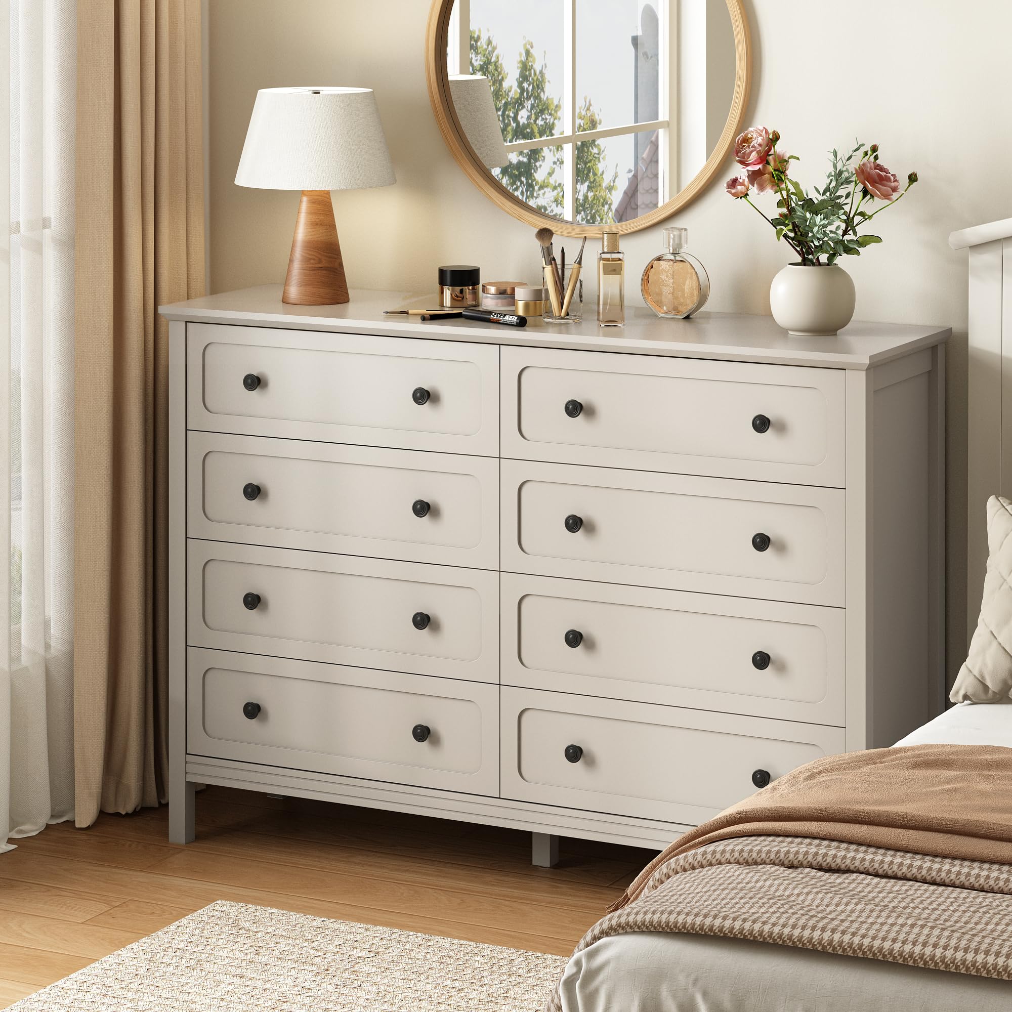 CARPETNAL Beige Dresser for Bedroom, 55" Wide 8 Drawer Dresser with Metal Handles and Deep Drawers, Modern Large Wood Chest of Drawers for Living Room, Hallway.
