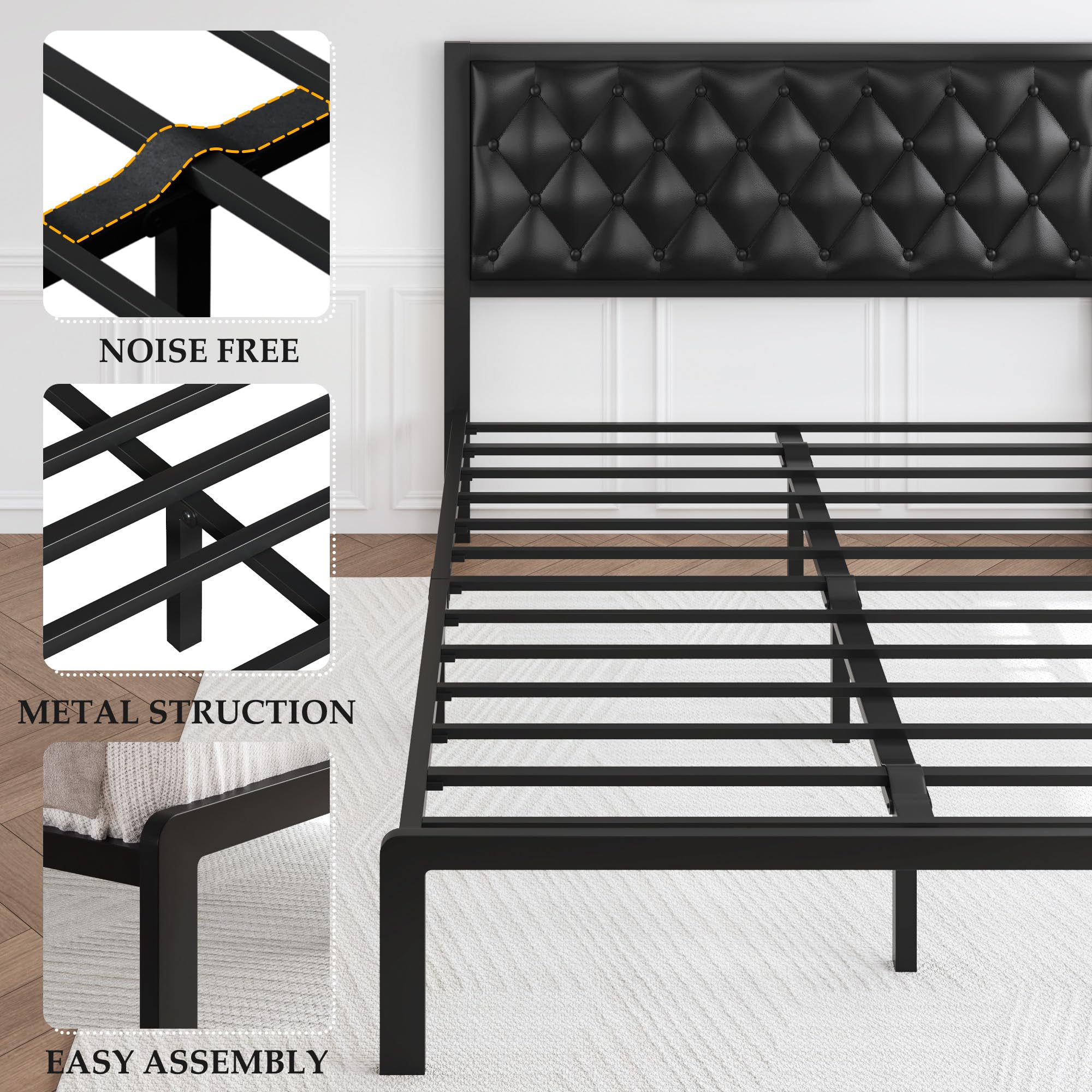 HISOFT Queen Bed Frame with Upholstered Button Tufted Headboard, Bed Frame Platform Metal Slats Support, Under Bed Storage, No Box Spring Needed, Noise-Free, Easy Assembly, Black