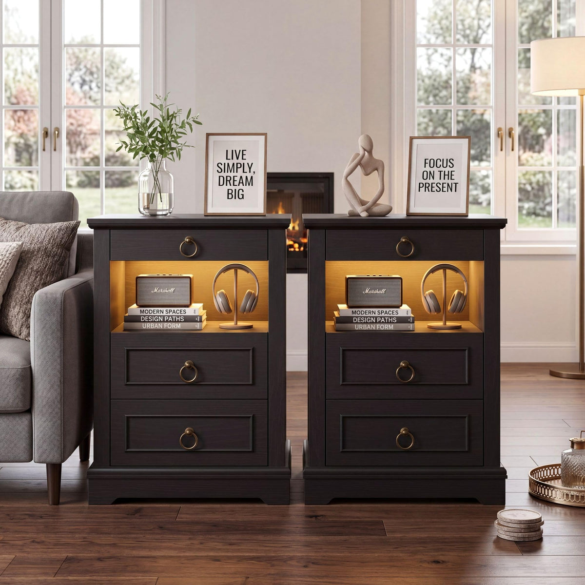 Black LED Nightstand Set of 2 with Charging Station