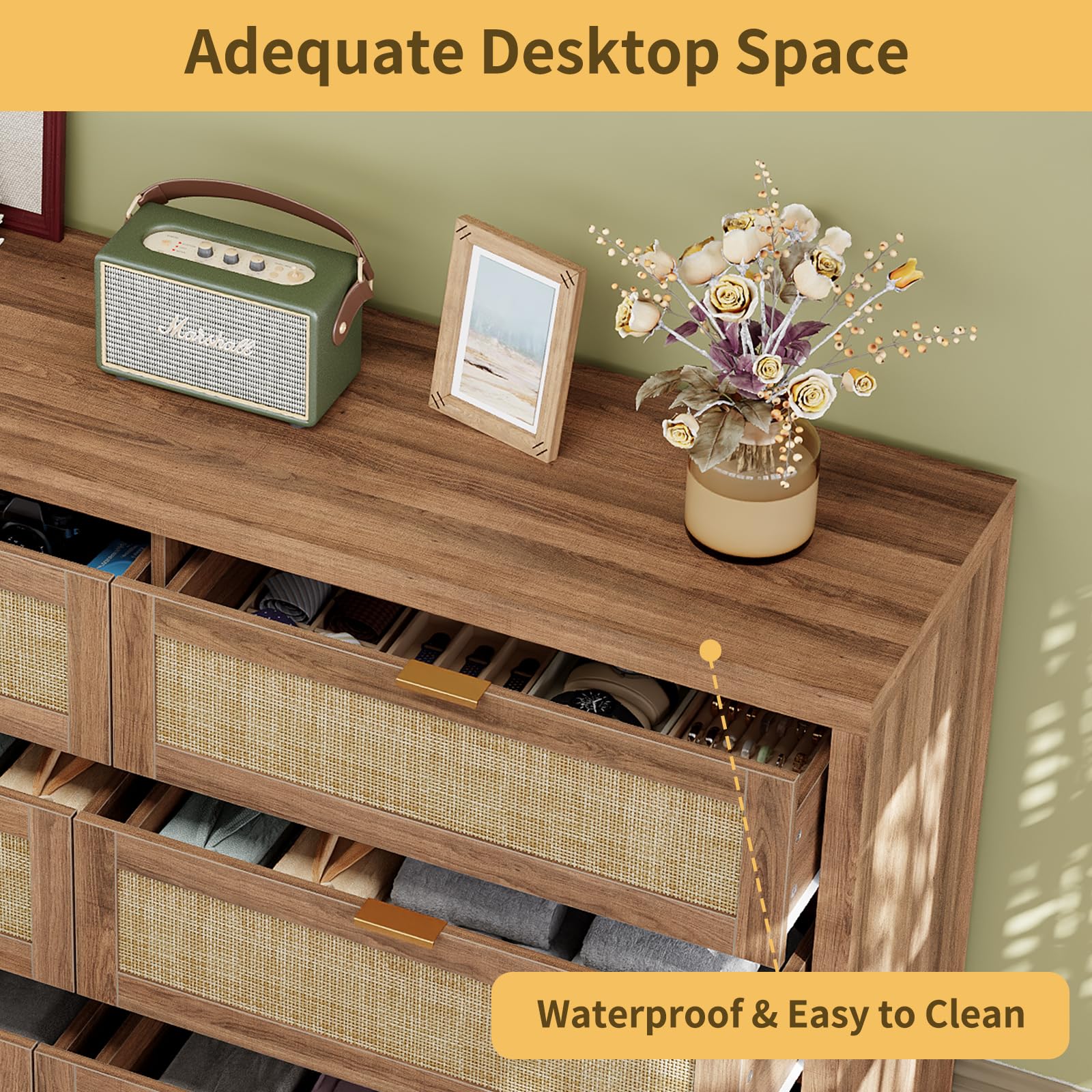 Cozynome 6 Drawers Dresser for Bedroom, 57” Rattan Dresser with Ample Storage, Boho Chest of Drawers, Wooden Dresser with Metal Handle, Rattan Dresser for Closet, Living Room, Entryway, Natural