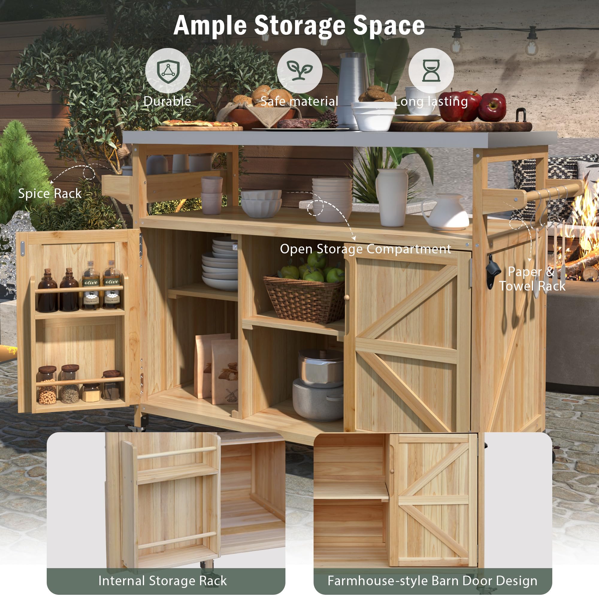 Outdoor Kitchen Rolling Bar Cart with Storage Cabinet, Farmhouse Solid Wood Outdoor Grill Table with Stainless Steel Top, Spice Rack and Towel Rack, Perfect for Barbecue Poolside Patio (Natural)