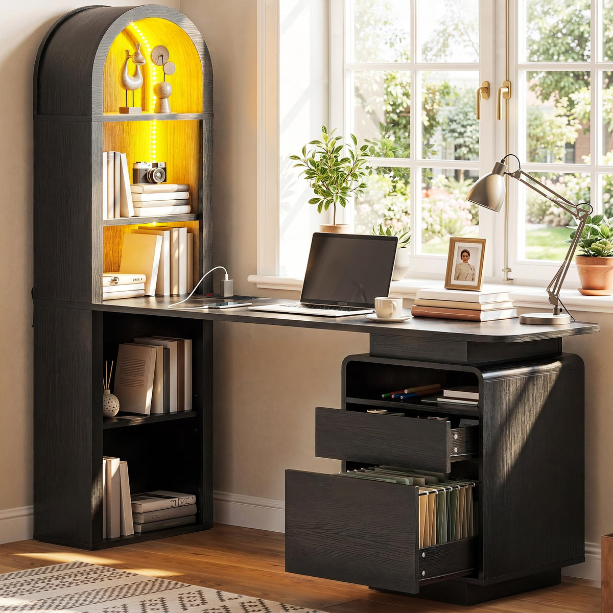 LED Computer Desk with Bookshelf