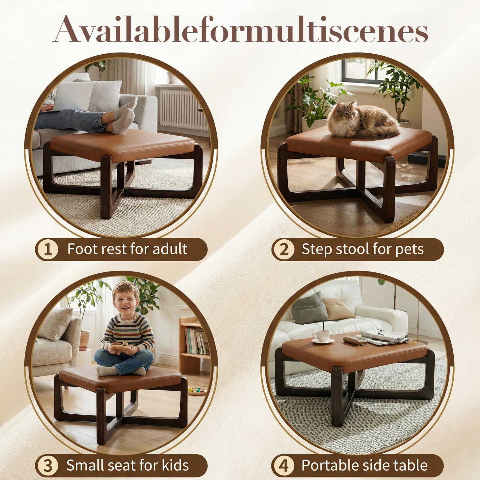 Divanus Faux Leather Square Coffee Table Ottoman,24" Coffee Table for Living Room Ottoman,Ash Wood Living Room Table,Small Footstool (Brown)