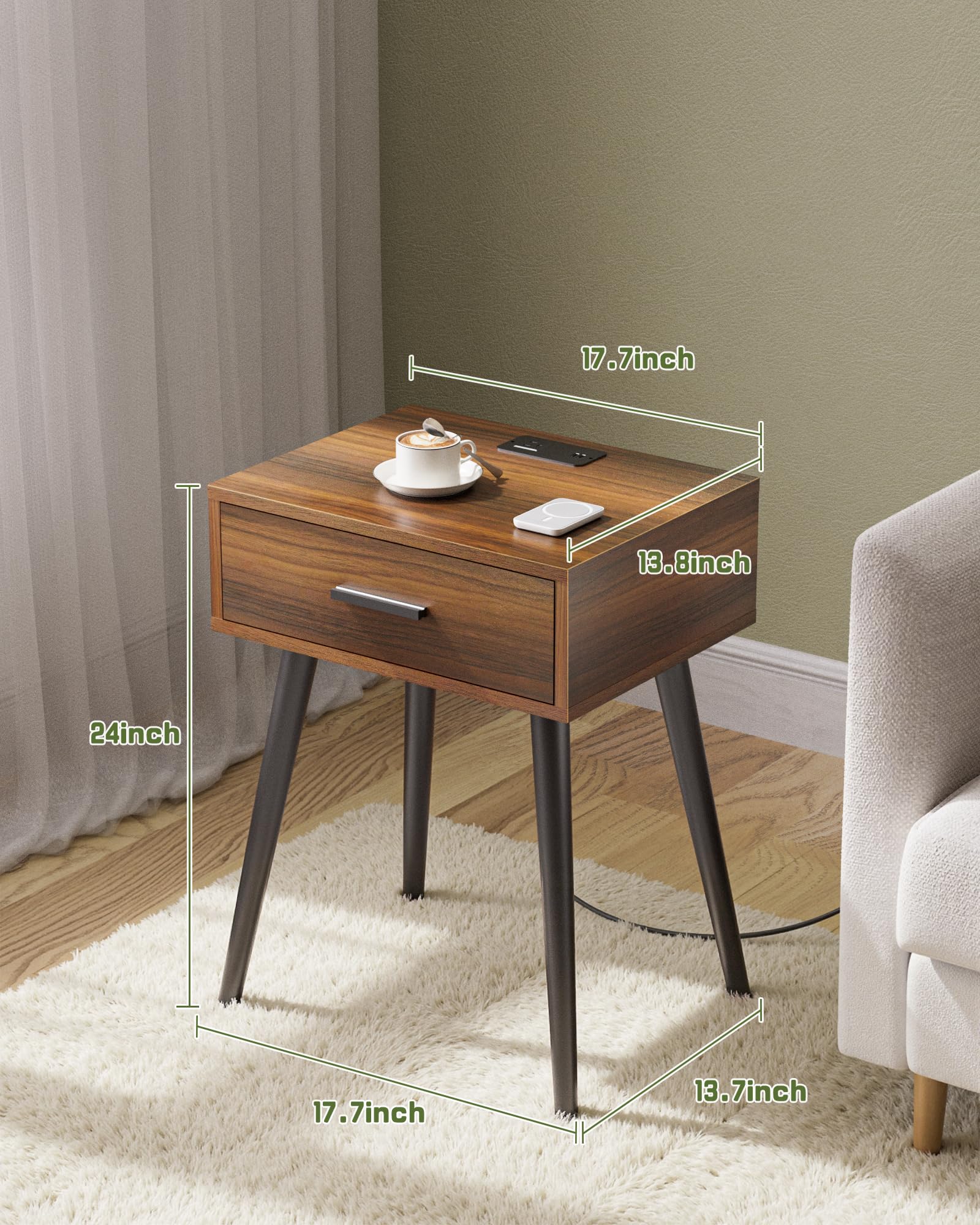 Nightstand Set of 2 with Charging Station & Storage Drawer