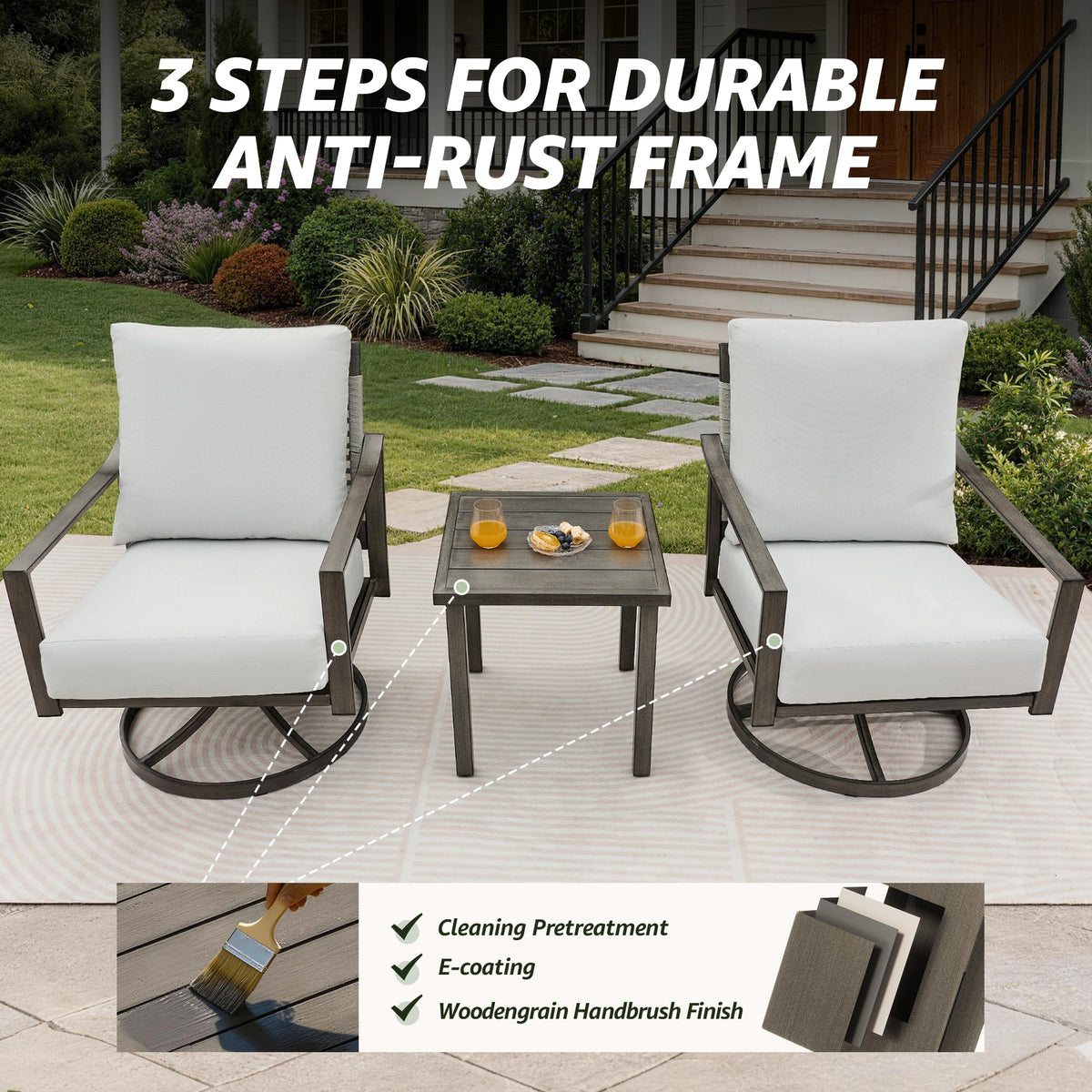 NATURAL EXPRESSIONS 3-Pc Rope Back Swivel Rocker Outdoor Bistro Set, Grey