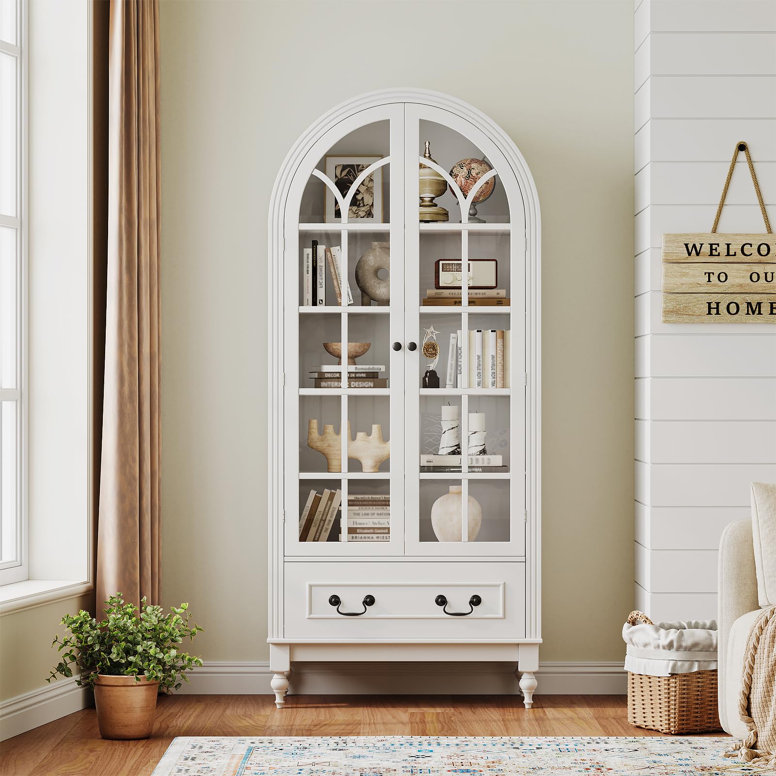 Arched Kitchen Pantry Cabinet with Glass Doors