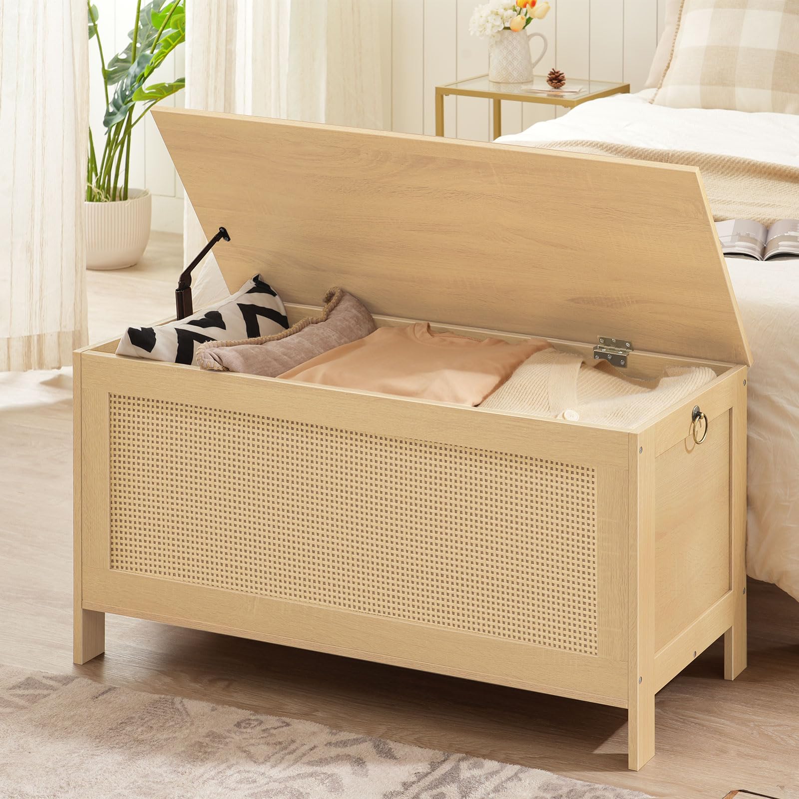 Storage Bench with Faux Rattan Lid & Safety Hinge