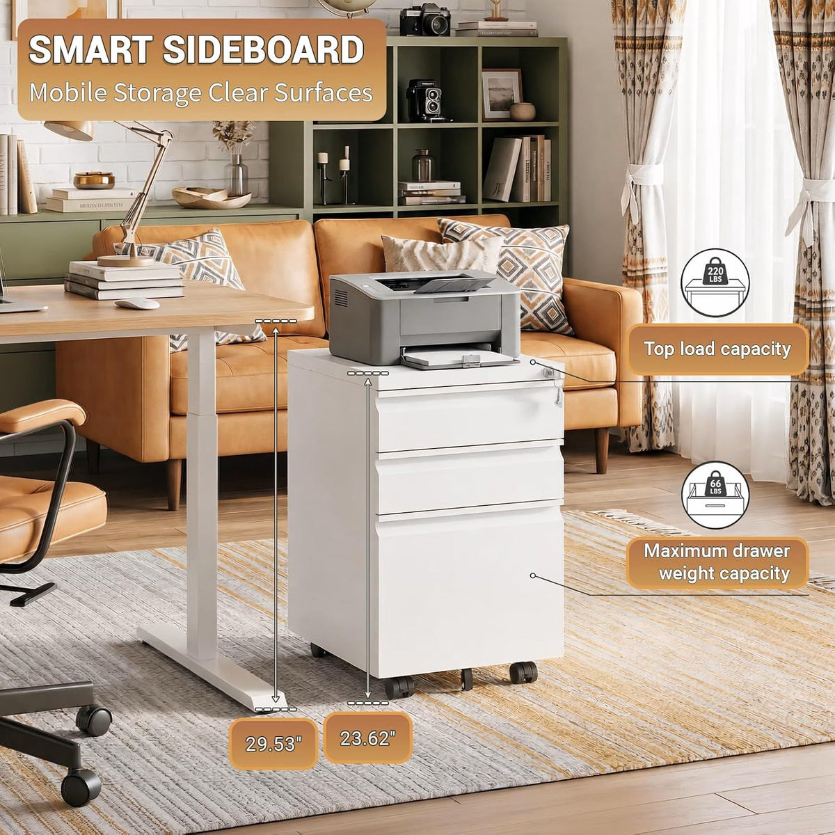 CHRONOGRAIN 3 Drawer File Cabinet with Lock and Casters,White