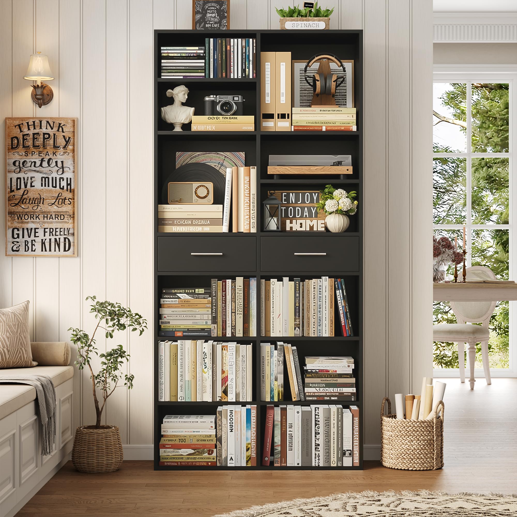 HOSTACK 73" Tall Bookshelf with Drawers, 7-Tier Black Bookshelf with Storage, Double Wide Bookcase with 14 Open Book Shelves, Wood Book Case with Adjustable Shelves for Media CD DVD Storage, Black