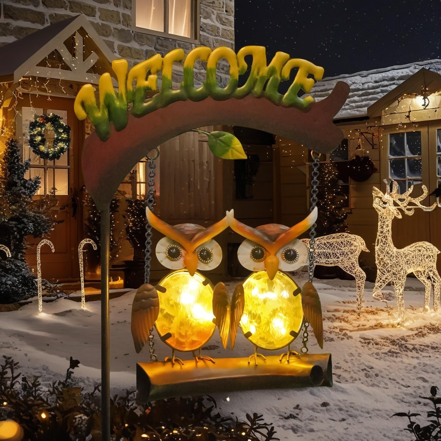 Solar Owl Swing Garden Stake Light with Welcome Sign