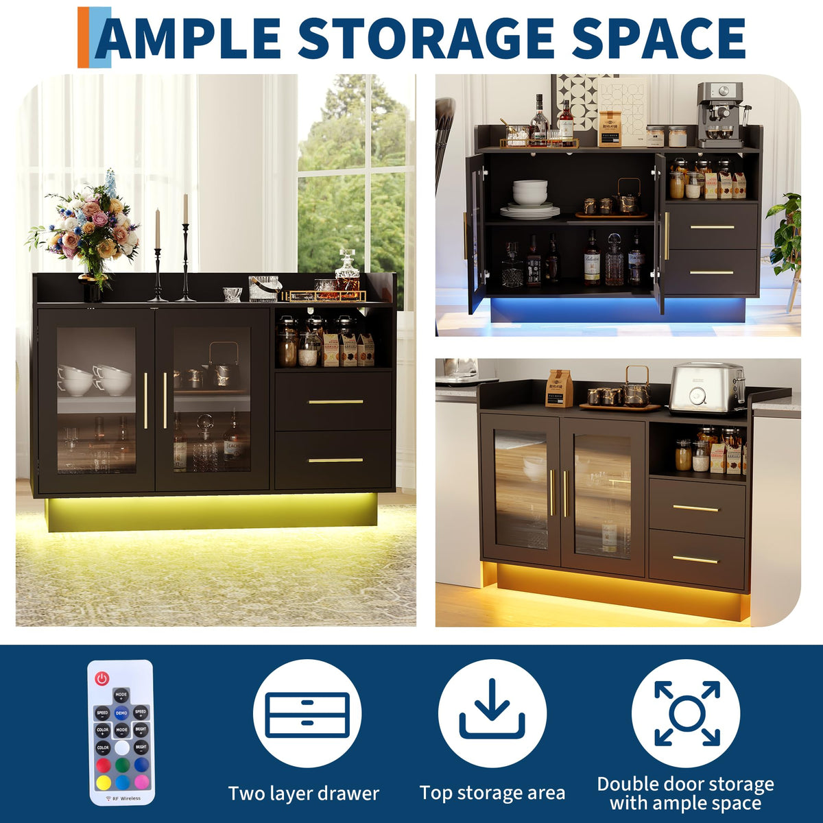 Wine Cabinet - 47.24'' Coffee Bar Station with LED Lights,High-Load-Bearing Capacity Liquor Cabinet with Drawers,Durable Double Glass Doors & Anti-Tipping Design,for Kitchen, Living Room, Dining Room