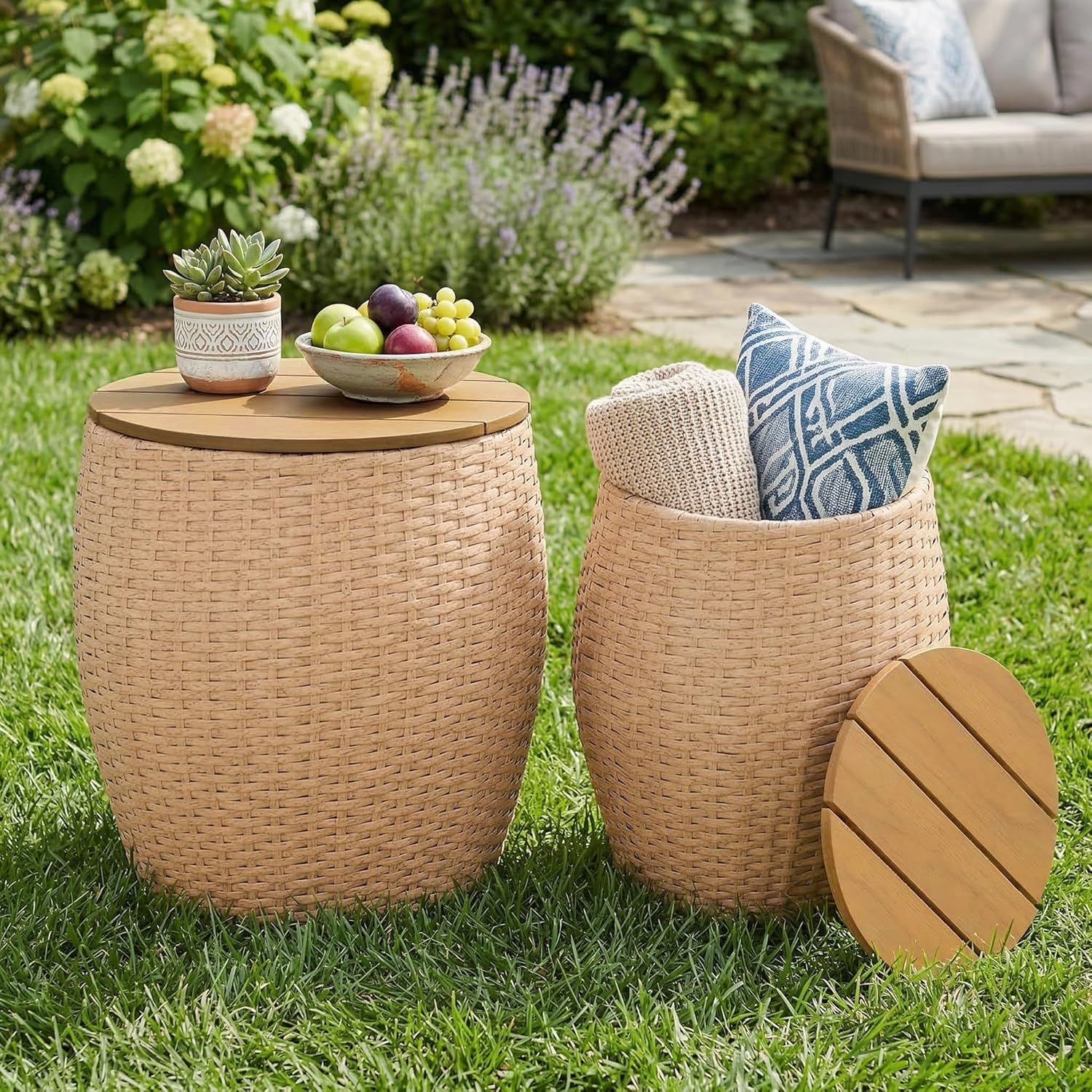 Round Wicker Barrel Side Tables with Storage – Set of 2