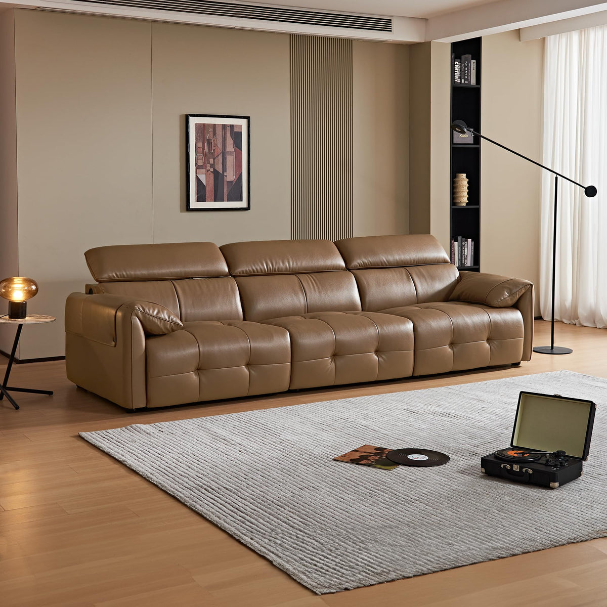 Genuine Leather Sofa with Adjustable Headrests, 122" Modern Modular Sectional Couch with Drop-Down Cup Holder Console, 3-Seater Leather Couches with Solid Wood Frame for Living Room, Office, Brown