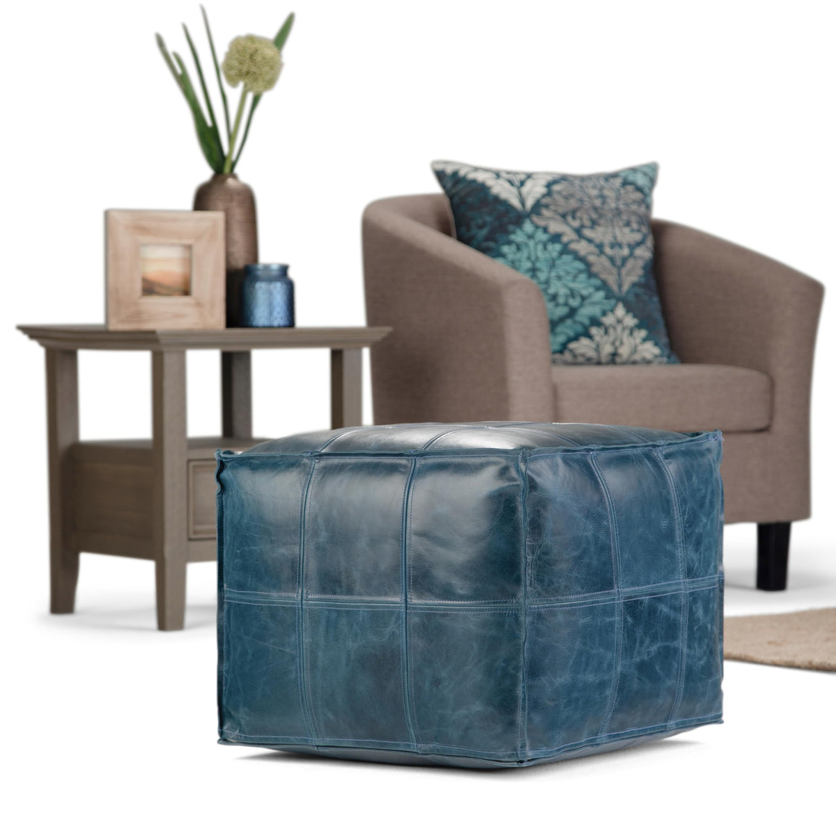 Teal Leather Square Pouf