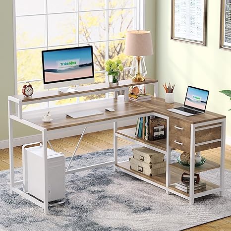 L-Shaped Corner Desk with Drawers, Shelves & Monitor Stand