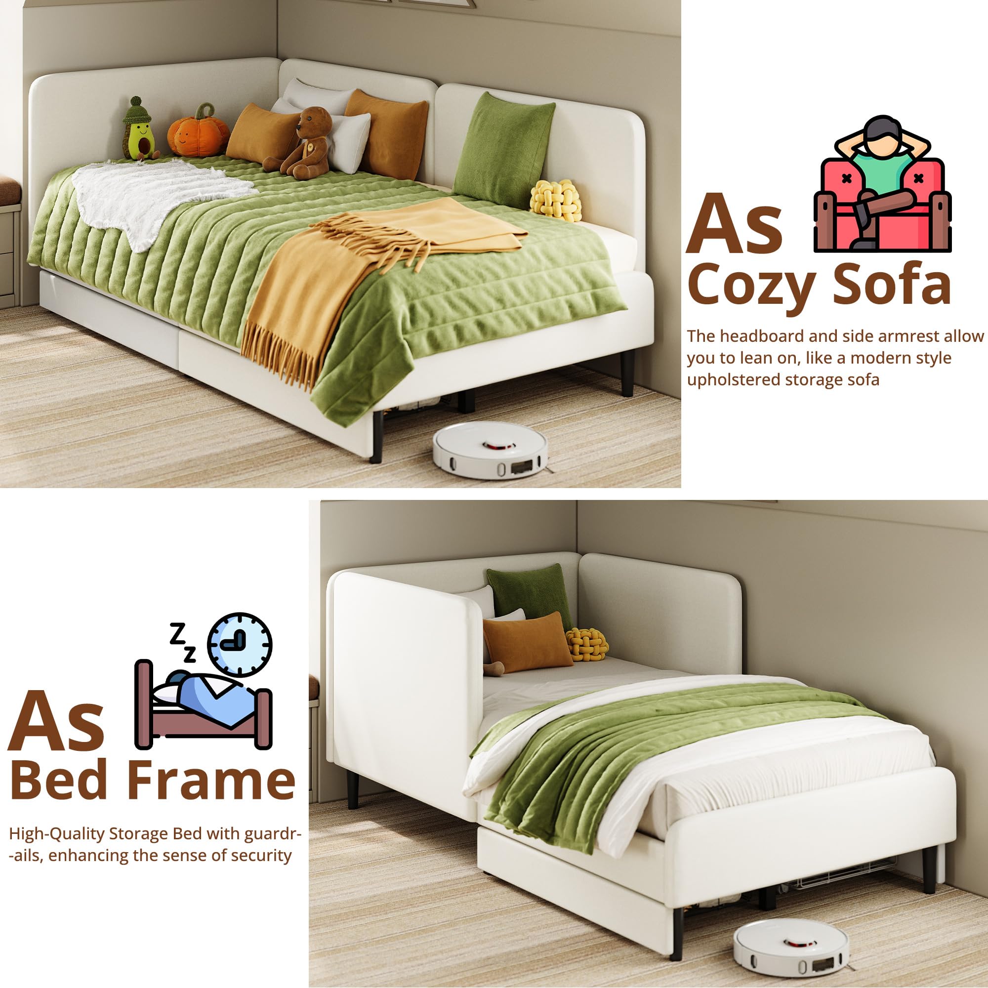 LIKIMIO Twin XL Daybed with Headboard, Corner Bed Frame with Bed Rails and Storage Drawers, Solid Support, for Bedroom Guest Room, Cream