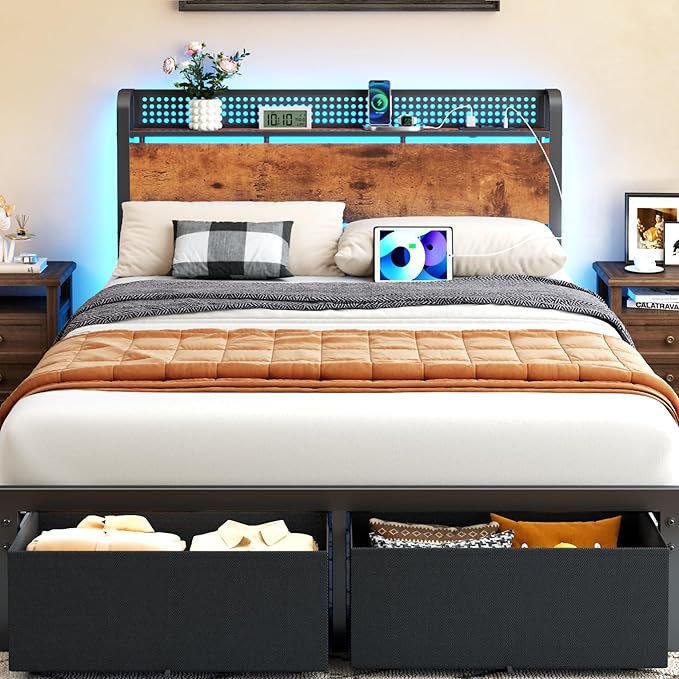 Platform Bed Frame with Storage Headboard, LED Lights & Drawers