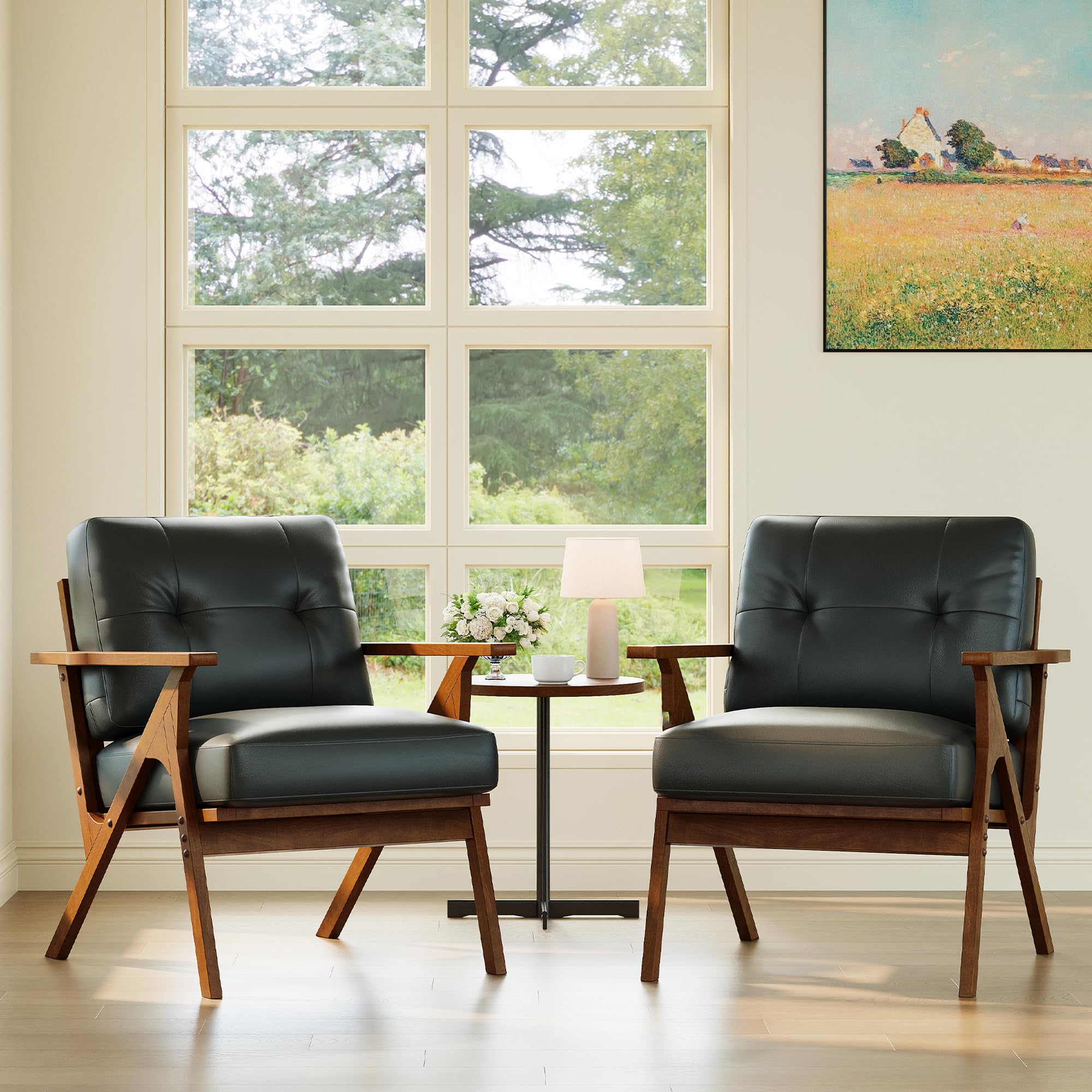Mid-Century Leather Accent Chair with Wooden Arms
